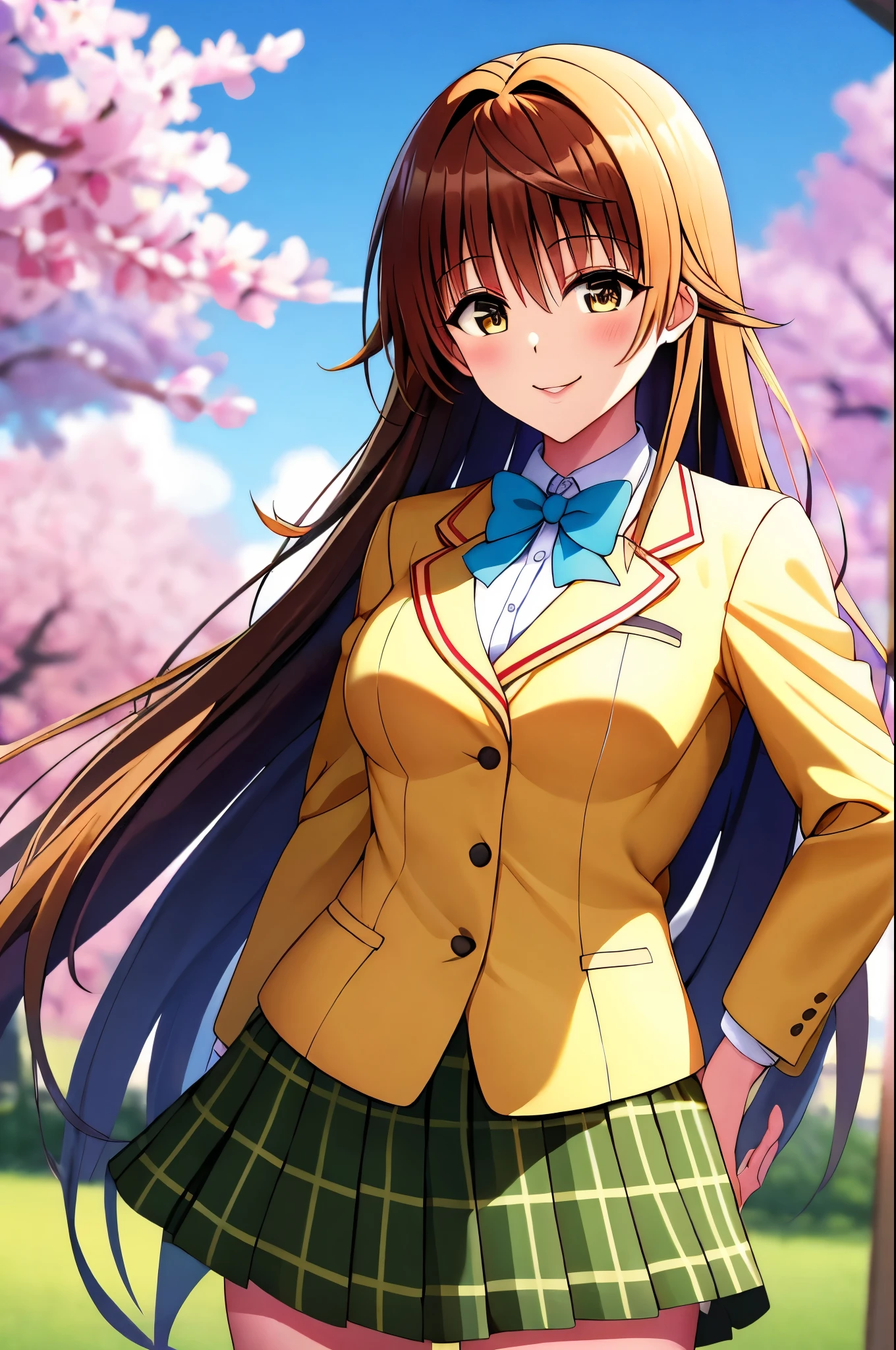 masterpiece, best quality, highres, aariko, long hair, brown eyes, school uniform, blue bowtie, blazer, yellow jacket, long sleeves, plaid skirt, green skirt, standing,hands on hips, glossy lips,cowboy shot, smile, closed mouth, outdoors ,cherry blosssoms