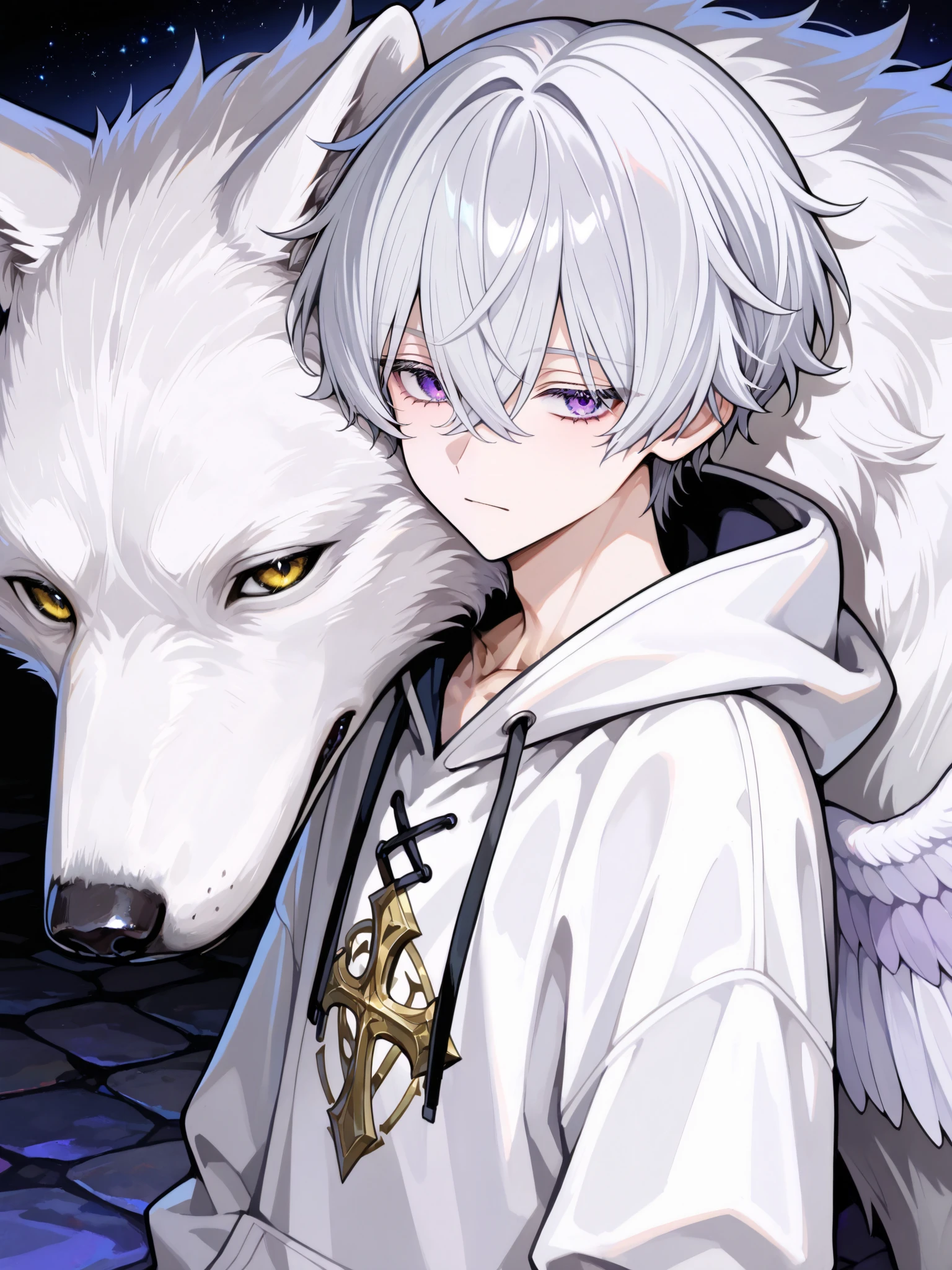 of the best quality,high definition, male,one person only,人物は male一名のみ, Silver hair close to white,silver hair,Purple Delicate Eyes,There is a big white wolf behind the M-shaped cross with bangs,Short hair with volume and wings, Curly hair,There is a slight neckline,The hairstyle is similar to Seishiro Nagi, maleの背後に大きなホワイトウルフがいます,白い狼の前にいる male, are cool,Handsome Guy,Looks strong,White Hooded Hoodie,The god of navy blue jeans々demeanor,standing,behind the man is a big white dog,There's a wolf,mystical background