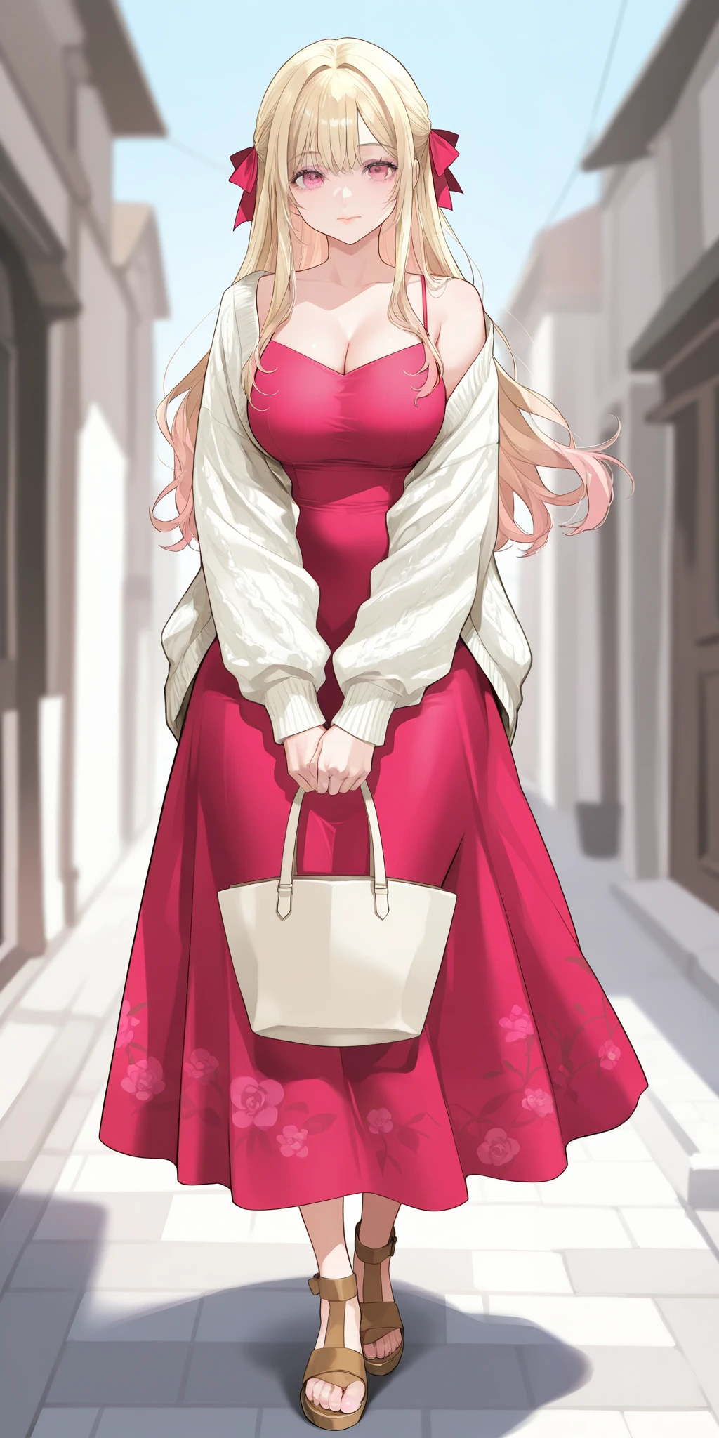 Jumi Noona from New Town. An extremely beautiful woman with blond hair, extremely fair white natural skin, big pink eyes, red plump glossy round lips, a small waist, and a perfect slim yet curvy body. She's only wearing a sky-blue floral dress with spaghetti straps, a red front-open sweater with long sleeves over the dress, hair ribbon, and brown sandals. Mouth closed, carrying a purse, and standing straight on the street. Show her full body.