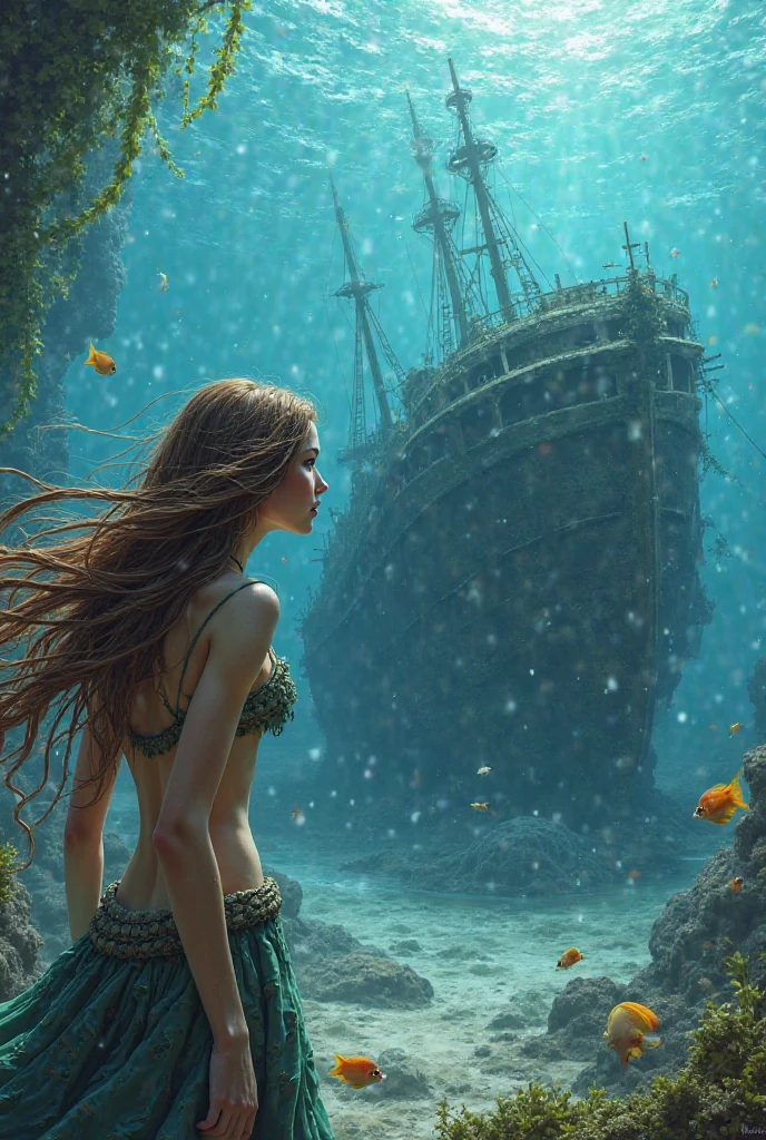 Mermaid in the depths of the sea surrounded by fish and turtles, above an old wooden boat faces a storm