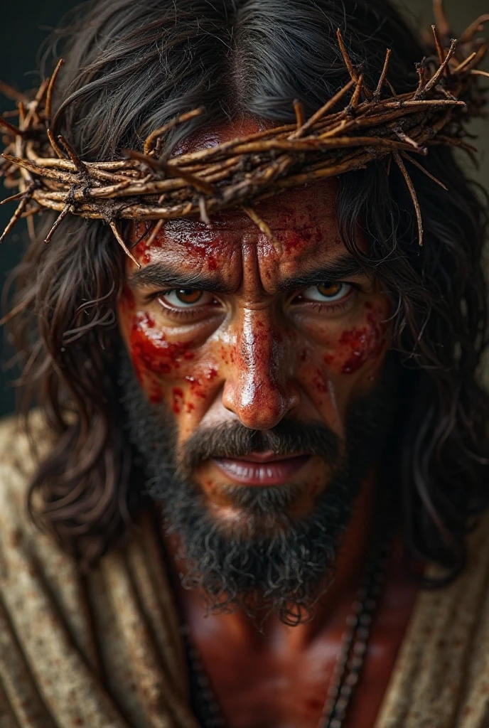 a close-up of a man with a crown of thorns on his head, JesusChrist, jesus face, Jesus of Nazareth, jesus, blood on your face, cyberpunk JesusChrist, holes in a religious man, Christian, by Alessandro Allori, chunky textured face, portrait of JesusChrist, rugged face, Tim Bradstreet, your eyes are bleeding heavily