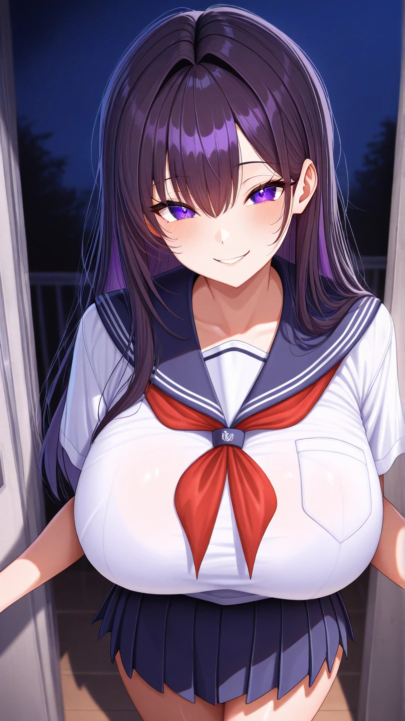 (cabello despeinado), (illustration), retrato, (fondo de ciudad futurista), (arms behind back), Cintura delgada, gran sonrisa, ojos detallados, abdominales fuertes, chica delgada, strong abs, muscle girl, front pose, big thighs, focus on face, big breast, large city background, blue hair, sailor uniform, skirt, sit on rock, detailed vagina, nude, heavy armor suit
