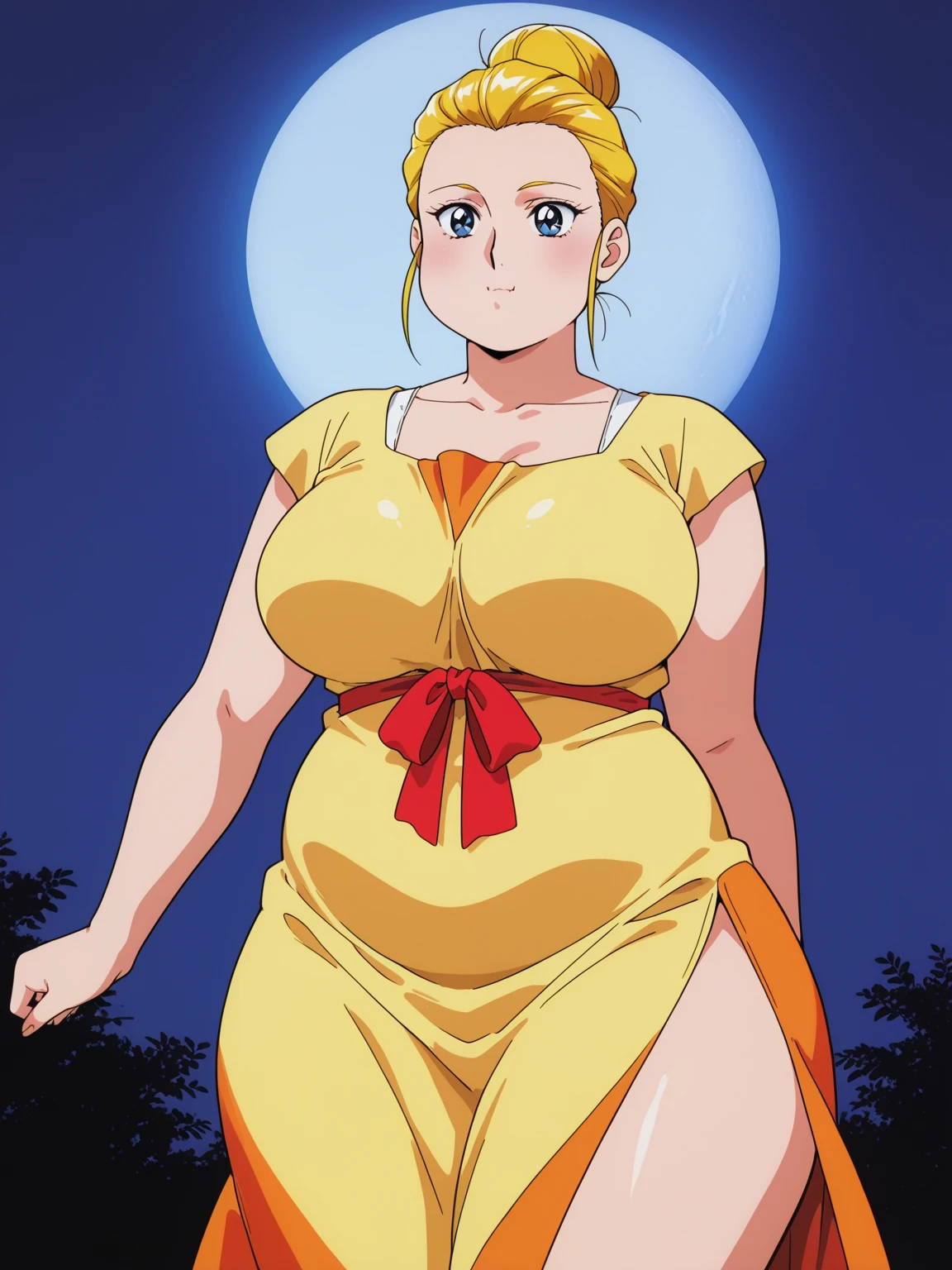 Body position: standing, straight, symmetrical, barefoot, lustful smile on face with red blush, 1girl