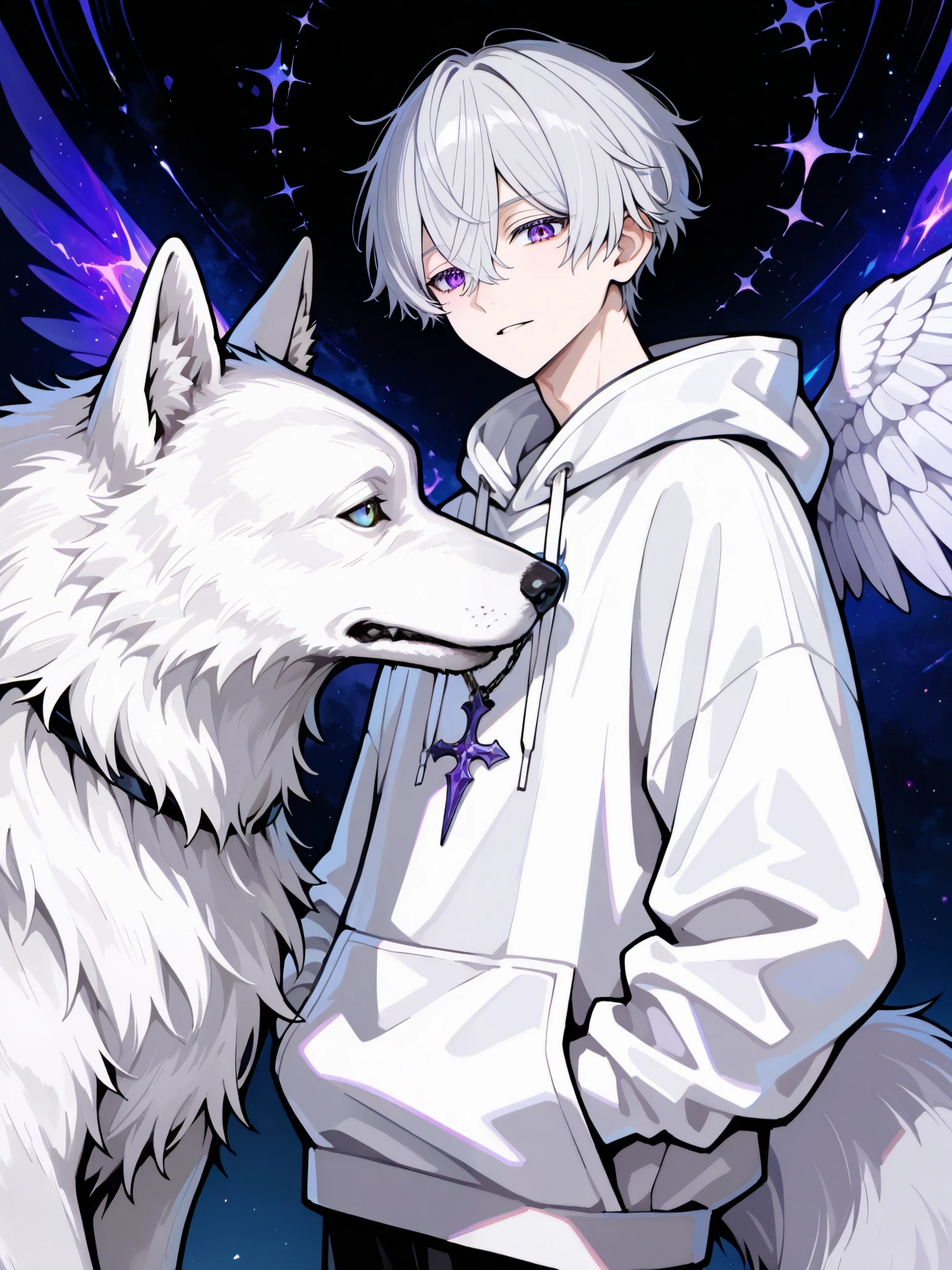of the best quality,high definition, male,one person only,人物は male一名のみ, Silver hair close to white,silver hair,Purple Delicate Eyes,There is a big white wolf behind the M-shaped cross with bangs,Short hair with volume and wings, Curly hair,There is a slight neckline,his hairstyle is similar to Seishiro Nagi, maleの背後に大きなホワイトウルフがいます,白い狼の前にいる male, are cool,Handsome Guy,Looks strong,White Hooded Hoodie,The god of navy blue jeans々demeanor,standing,behind the man is a big white dog,There's a wolf,mystical background