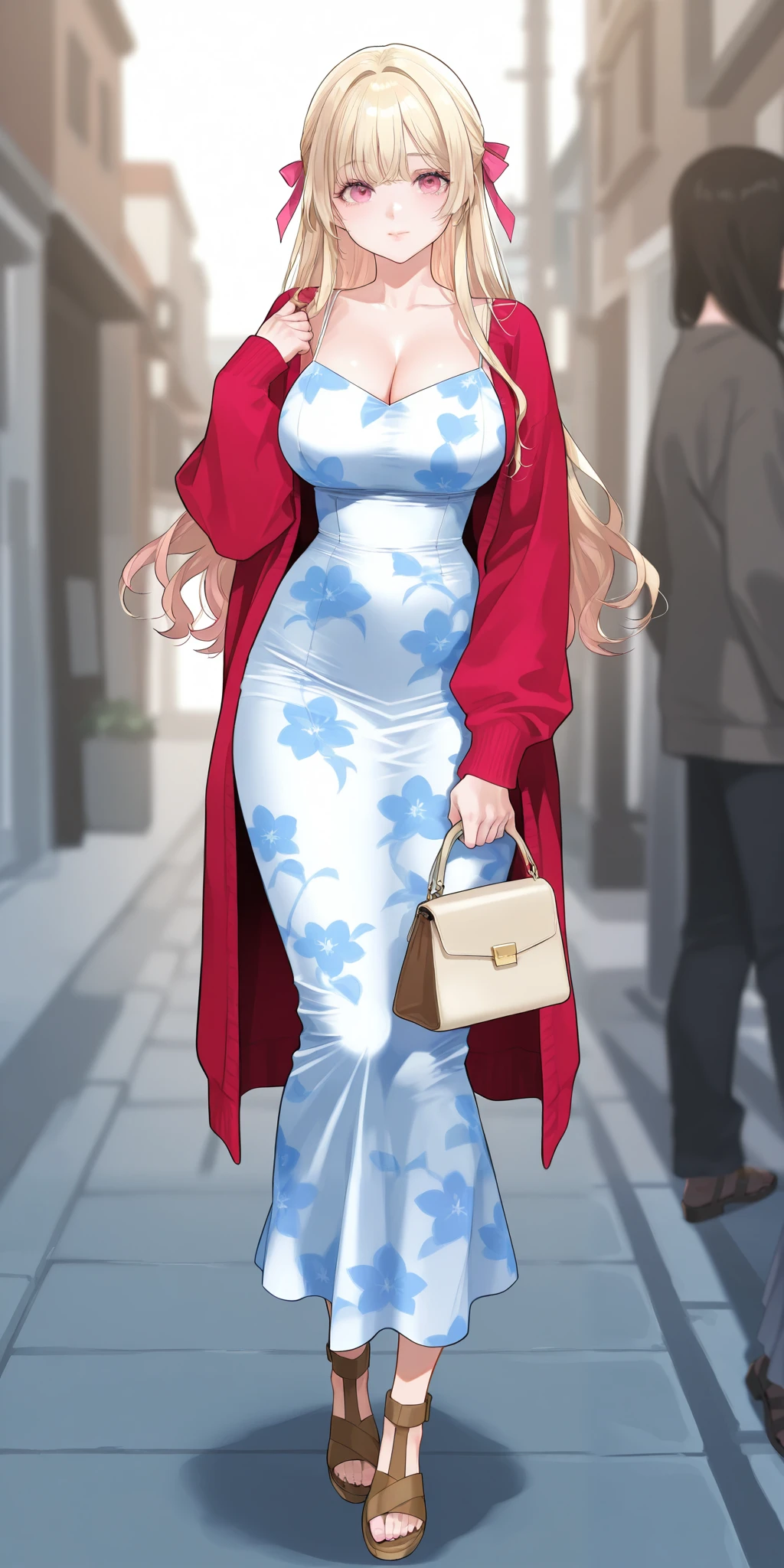 Jumi Noona from New Town. An extremely beautiful woman with blond hair, extremely fair white natural skin, big pink eyes, red plump glossy round lips, a small waist, and a perfect slim yet curvy body. She's only wearing a sky-blue floral dress with spaghetti straps, a red front-open sweater with long sleeves over the dress, hair ribbon, and brown sandals. Mouth closed, carrying a purse, and standing straight on the street. Show her full body.