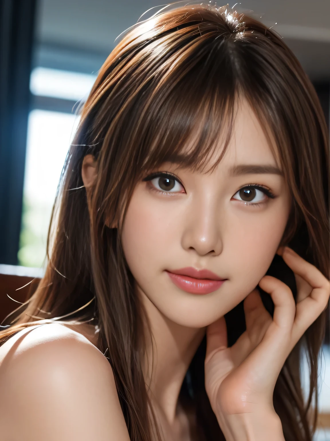 photography of a brightly sangmi nam who is Korean actress, masterpiece, photorealistic, analog, realism, Korean idol, slim leg, long_brown_hair,1 girl, very bright backlighting, solo, {beautiful and detailed eyes}, large breasts, calm expression, hair blown by the breeze, delicate facial features, Blunt bangs, beautiful Korean girl, eye smile, very small earrings, 22yo, ((model pose)), Glamor body type,(half red and half brown hair), film grain, real hands, masterpiece, Best Quality, photorealistic, ultra-detailed, finely detailed, high resolution, brown messy hair, perfect dynamic composition, beautiful detailed eyes, Korean girl,((nervous and embarrassed)),sharp-focus, beauty mix, Film Girl, long hair, closed eyes,(wearing a white button-down shirt:1.5),(revealing a glimpse of cleavage),(1 man is wearing a blue button-down shirt:1.3),(1 man is hugging a woman's big breasts from behind:1.8),(in the hotel bedroom:1.3)