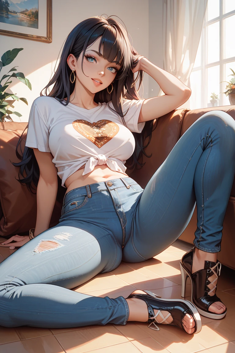 masterpiece, extremery magnificent view, perspective, extremery best quality, extremery detailed CG, 8k wallpaper, high resolution, highly detailed face, highly detailed eyes, perfect anatomy, super detailed skin,
(dynamic angle, dynamic pose:1.2), indoors, living room, window and plants, (portrait, legs focus, full body), (beautiful face, beautiful eyes, beautiful legs:1.3),
1 girl, solo, (white croptop, skinny jeans:1.3), large breasts, brown hair, long hair, smooth hair, wavy hair, open forehead, parted bangs, (barefoot:1.3), green eyes, (ripped jeans:1.3, dark blue jeans:1.3), (navel:0.8), skinny, slender, wide hips, thin waist