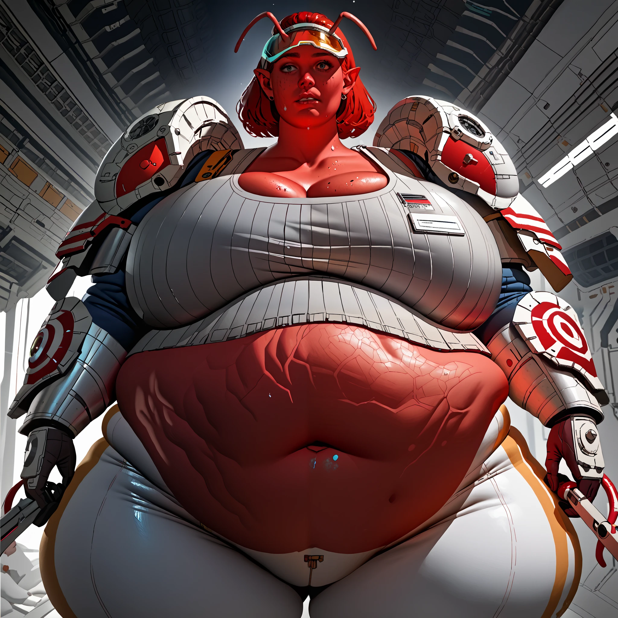 score_9, score_8_up, score_7_up, giant war like creation, woman a chubby belly, before Vore: Red skinned alien BBW female with tentacle-like hair that can grab enemies. She has two antennas coming out of her hair and pointy ears. She is wearing a space suit that exposes her massive midriff, with massive plates of armor. She is wearing a visor or glasses with ruby-quartz lenses. She has no personality. Her belly is massive and budging with a person inside. She is standing looking at viewer with a hunger empty extretion on her face. She is the pinical of organic and robotic technology. ((Cold massive calculating weapon))