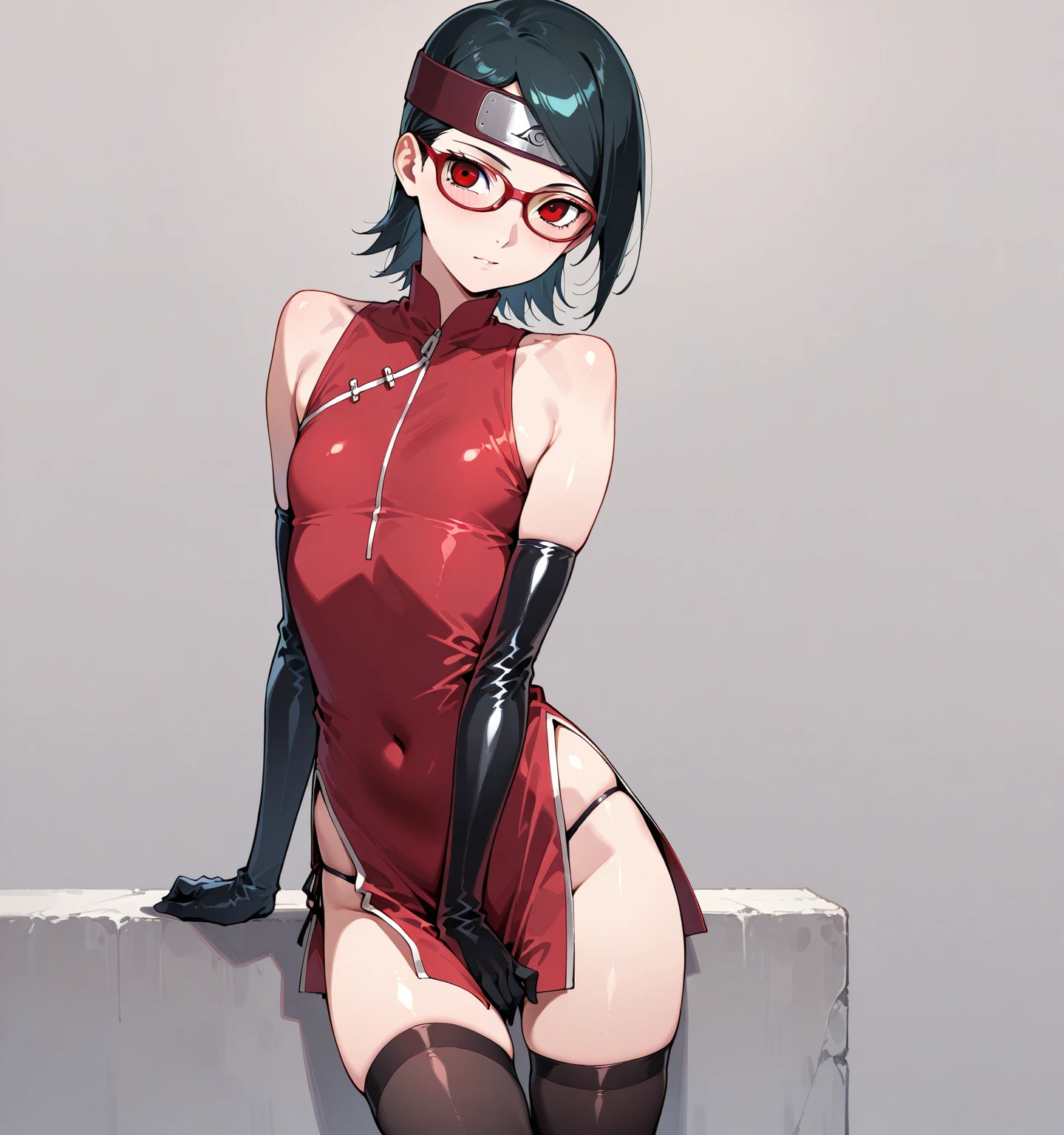 1girl, sarada uchiha\(Boruto\), gym uniform, buruma, kneehighs, sneakers, wariza, from above, wooden floor, blush, glaring, depth of field, masterpiece