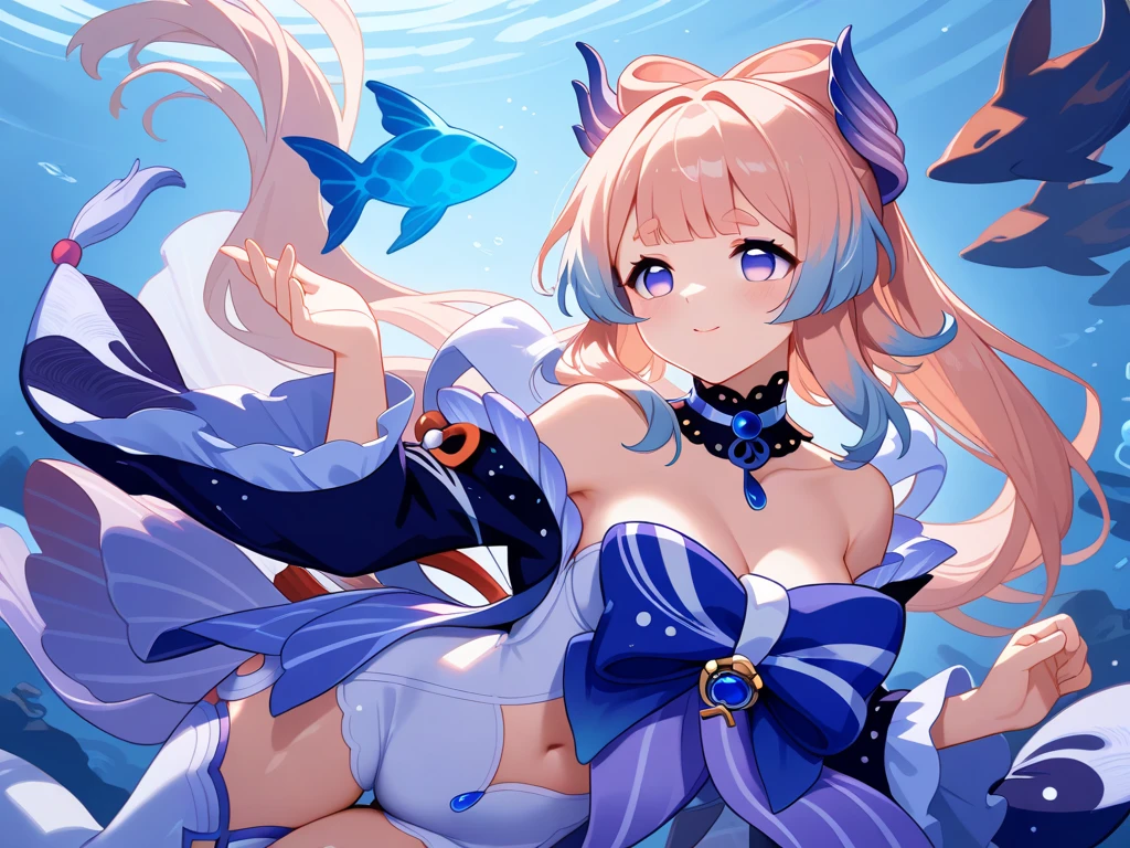 Great fish tail, fish girl, Long hair, Golden hair, blue eyes.