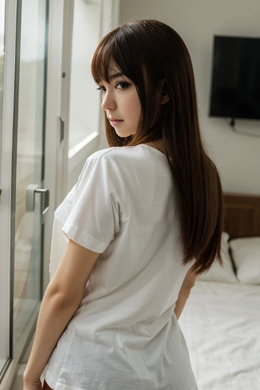 Tied Up Woman、(((Hands behind back with wrists crossed)))、(My wrists are tied with rope)、Beauty、Well-formed face、Shiny long black hair、Make your eyes even、Inside the hotel room、From behind、Show your whole body、White short sleeve shirt、Navy Semi-Long Skirt、Panty lines、Wearing pumps、Standing in front of the window、Age 25、Medium build、Like a real photo、Highest quality, light brown hair, straight hair, shiny hair, parted lips, seductive smile, Surrealism, Hyperrealism, Verism, cinematic lighting, tachi-e, first-person view, from behind, Nikon, UHD, anatomically correct, best quality, highres, 8k