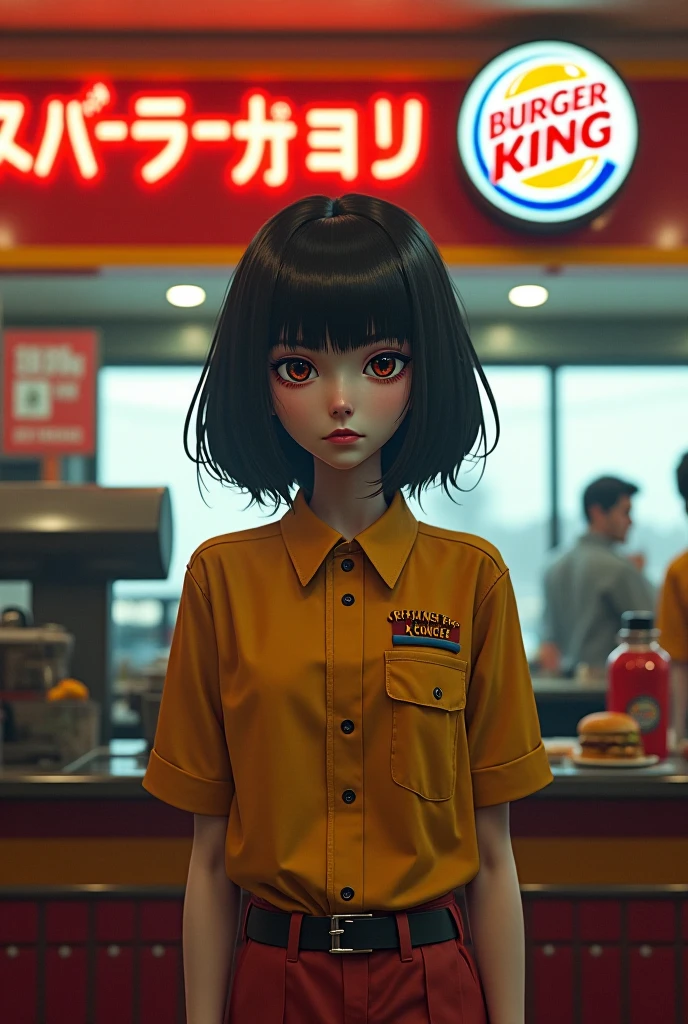 a fast food worker who made a mistake on an order, apologizing,woman,solo,standing,distressed expression,worried,guilty,hands up,begging for forgiveness,fast food restaurant interior,tiled floor,counters,cash register,menu boards,fluorescent lighting,warm color tones