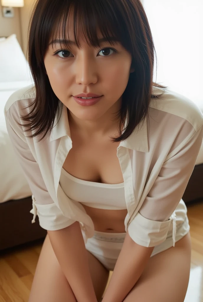 NSFW, ((Top Quality)), ((8K)), ((Masterpiece: 1.3)), (Perfect Appearance), (Photorealism: 1.6), (Japanese woman on the train), (on the train),
(A woman sitting on a chaise longue on a train), (A woman sitting directly across from me, facing towards me),
(A woman lifts up the front of her skirt to reveal her panties: 1.4), Japanese woman, (30 years old), ((Realistic skin texture)), (Fine wrinkles throughout the skin: 1.3), (Dull skin: 1.1), (Skin without moisture: 1.2) , (Wrinkles on the face: 0.9), (Wrinkles on the corners of the eyes: 1.2), Double eyelids, tear bags on the lower eyelids, (Crying moles: 0.9), The eyes are looking here, serious gaze, (Dimples: 1.2), (smile with the corners of the mouth raised wide: 1.2), (straight medium length: 1.2), soft fabric blouse, wide sleeves, Cuffs that fit your wrist, (The hem of the blouse is tucked into the skirt: 1.2), flare skirt, The shape of the nipple that stands out, flare skirt, (tucked up long skirt: 1.2), (flat chest: 1.4, small breasts, breasts without firmness), (She spreads her legs and shows her panties), sitting, Showing transparent panties, high heels, (whole body: 1.3), (low angle: 1.4),