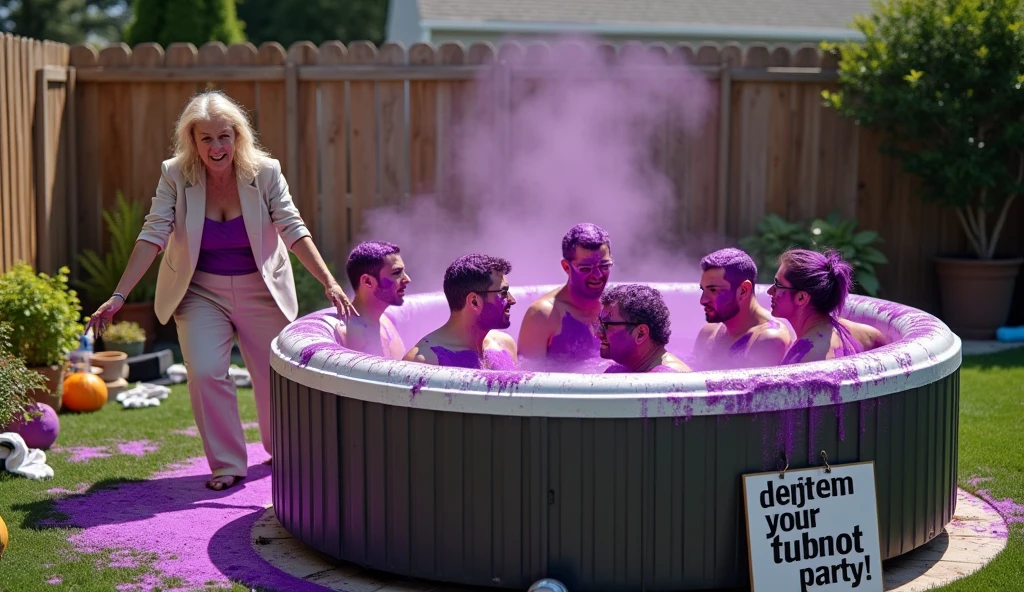 Two muscular drunk 2 men drinking beer wearing only underwear in a bathtub filled with purple goo almost overflowing