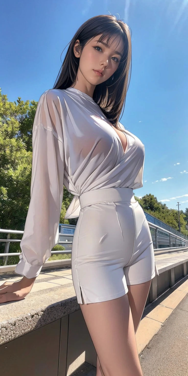((Best quality, 8k, Masterpiece :1.3)), Whole body, Long legs, Sharp focus :1.2, A pretty woman with perfect figure :1.4, Slender abs :1.1, ((Dark brown layered hair, Big breasts :1.2)), (White tight tshirt, Leggings, Standing:1.2), ((Night city view, Rooftop:1.3)), Highly detailed face and skin texture, Detailed eyes, Double eyelid