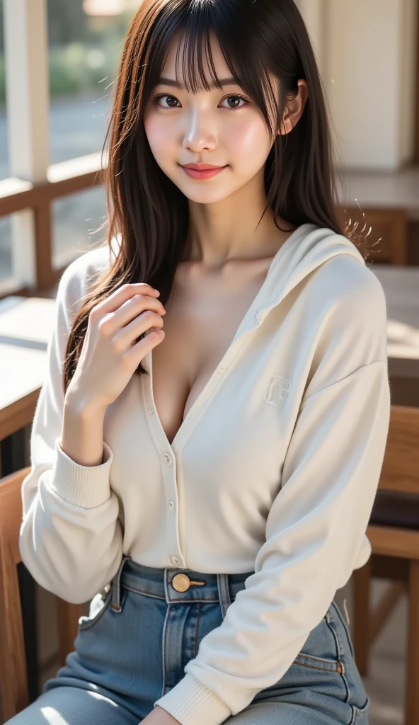 masterpiece, highest quality, 8k, 20th Generation, Large Breasts, cute, alone, sad, cute, Girlish, Delicate girl, Pure beauty, RAW Photos, Professional photography, Portraiture, Soft Light, Professional Lighting, Backlight, Upper Body, avert your eyes, Sophisticated, Film Grain, (Eyes and facial details:1.0), Short floating hair, Beautiful, flowing hair, bangs, ((Bright pastel colored cardigan))、((Navy blue micro mini skirt))、(Large Breasts:1.2)、You can see a little cleavage、Nipple protrusion、Dolly Makeup、Translucent white skin、White Breasts、sitting in an office chair、(Voluptuous thighs)、Odd Eye、The colour of the left and right eyes are different