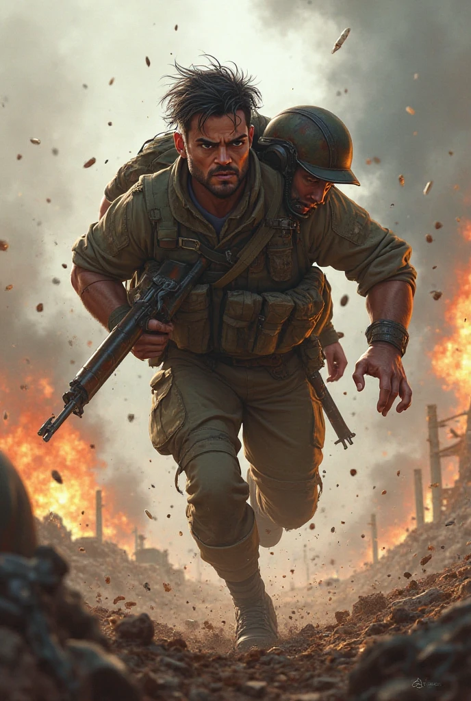 soldier running from zombies, n the chest is written "WildFire"
