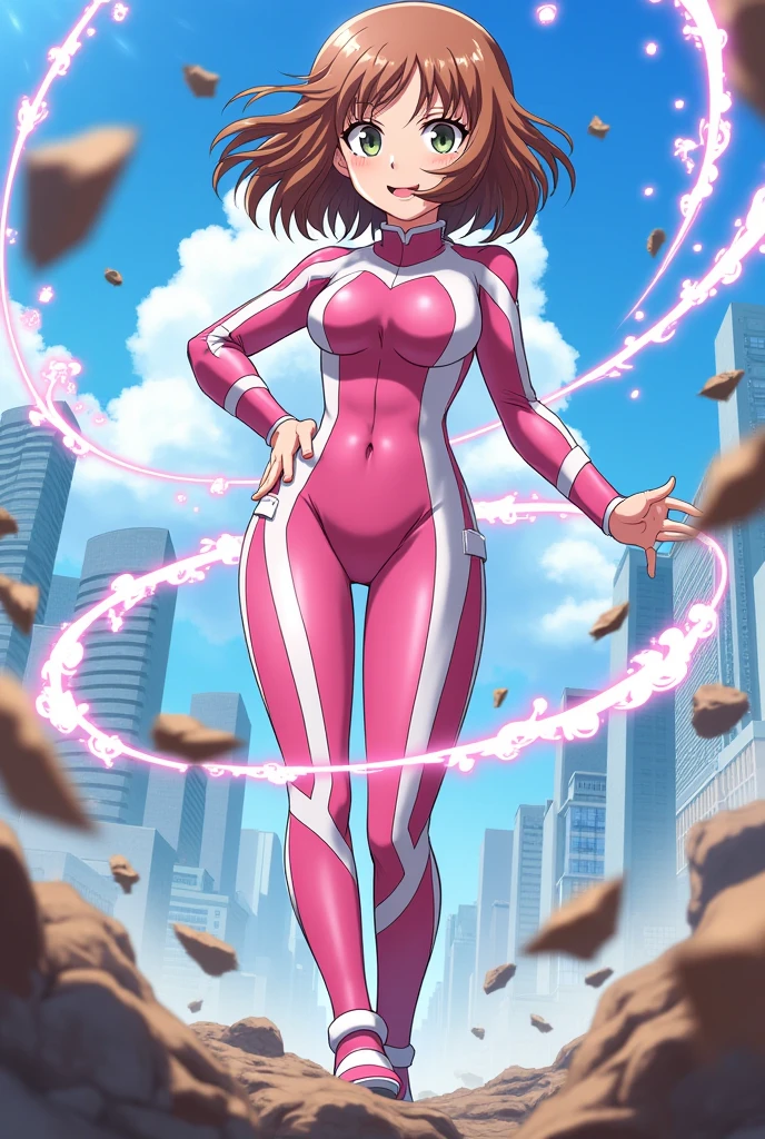 masterpiece, best quality, 1girl, female, curly brown hair, superhero, pink superhero costume, leotard, bare legs, boots, matching boots, high heeled boots, medium breasts, light particles, wind particles, aura, stand, standing, highleg, twirl, spin, tornado, tornado twirl, tornado spin, whirlwind, wind particles, city backdrop, time travel, solo,