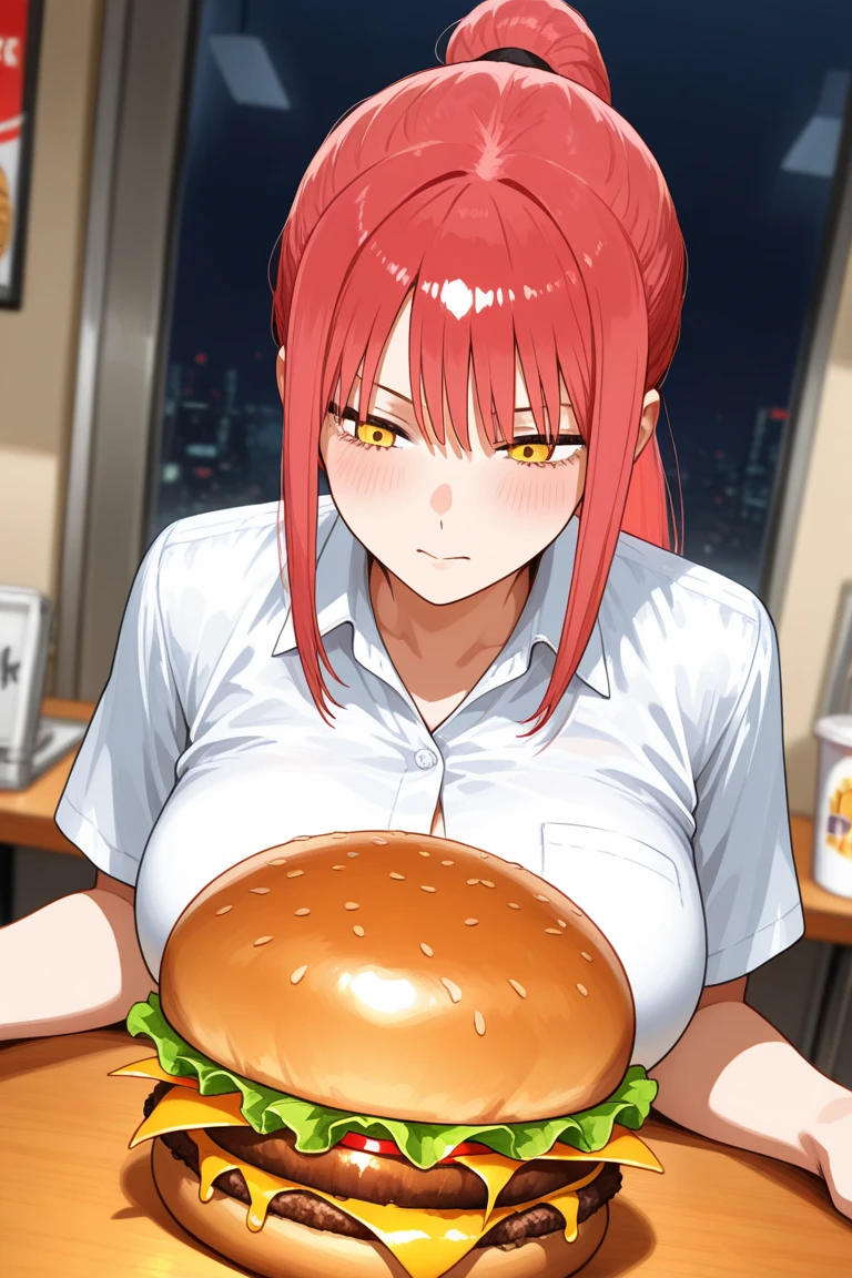 highest quality, High resolution, perfect pixel, Depth of the bounds written, 4k, beautiful anime girl, perfect body, 
looking at the viewer, 
Yuigahama Yui, 1 girl, short hair, pink hair, hair bun, pink eye, 
large breast, 

{{vector trace}}, 1 girl, fast food restaurant crew, red visor, polo shirt, tight skirt, {{{{younger}}}}, {{slender}}, 
indoor, fast food restaurant, front view, {cowboy shot}, {{facing the front}}, from outside, {{solo focus}}, {{perfect face}}, {{perfect anatomy}}, intricate (highly detailed), 
