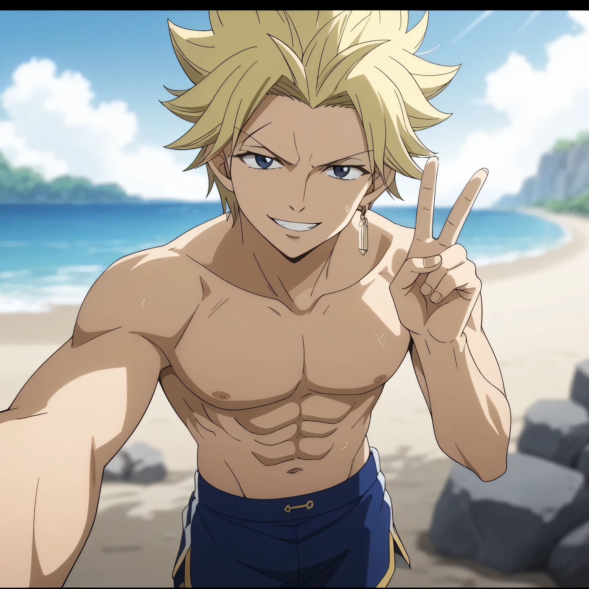 score_9, score_8_up, score_7_up, source_anime, rating_safe, StingFT, Sting leads blonde hair, light yellow Sting single earring, 1boy, male focus, anime screencap, best quality, official style, depth of field, looking at viewer, sky background with soft shadows, soft blue lighting highlighting his features, high-quality anime details, vivid colors, official style, Expressiveh, best quality, amazing quality, very aesthetic, high resolution, ultra-detailed, absurdres, newest, volumetric lighting, masterpiece, scenery, depth of field, BREAK, outdoors, beach, BREAK, male, solo, male focus, toned male, 'BREAK, standing, smirking, peace sign, BREAK, viewed from above, selfie angle, looking at viewer, cowboy shot, BREAK, (shirtless), BREAK, (male swimwear, blue trunks), thighs, BREAK smile happy
