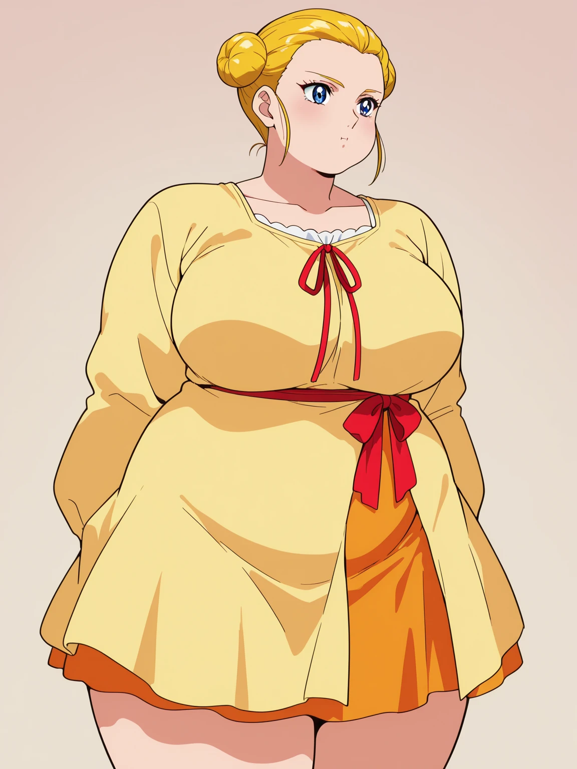 masterpiece, highest quality, High resolution, One Girl, alone, alone, short hair, etsukoto, fine grain, fine grain, (((Thick thighs, Plump thighs, Voluptuous thighs, Thighs are enough))), Big and ample breasts, Cleavage, Huge long breasts, Naughty big,((Big breasts are important))、((Naughty thighs)), L Cup, (thin:1.4),(Tight waist:1.4), (Perfect beautiful yellow dress:1.4), ((white waist apron)), Embarrassed look, White panties, (((Simple Background))), ((Wide Hips)), Shiny, Oily skin, Mature mother, Calf, Seductive mature woman, Perfect body, Plus Size Model, etsukoto, blush, clavicle, retro artstyle, 1990s (style), ((bare legs)), bare feet, full body, showing legs, open legs,
