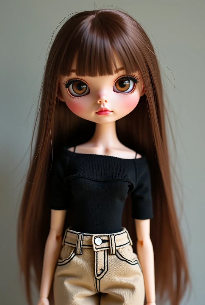 blythe doll with brown hair, short straight without bangs, with gray eyes, thin lips and a little dark skin