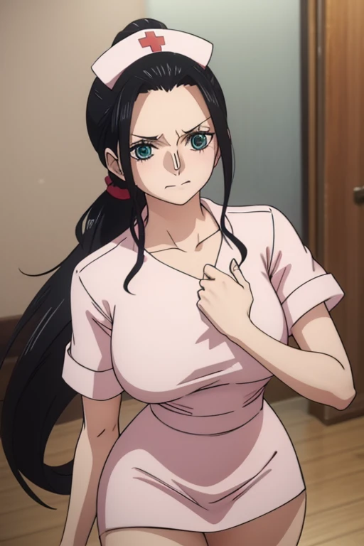 Black Hair, Big chest, chest, ponytail, Tongue out, yandere, Light blush, nurse,Thighs,whole body high resolution,