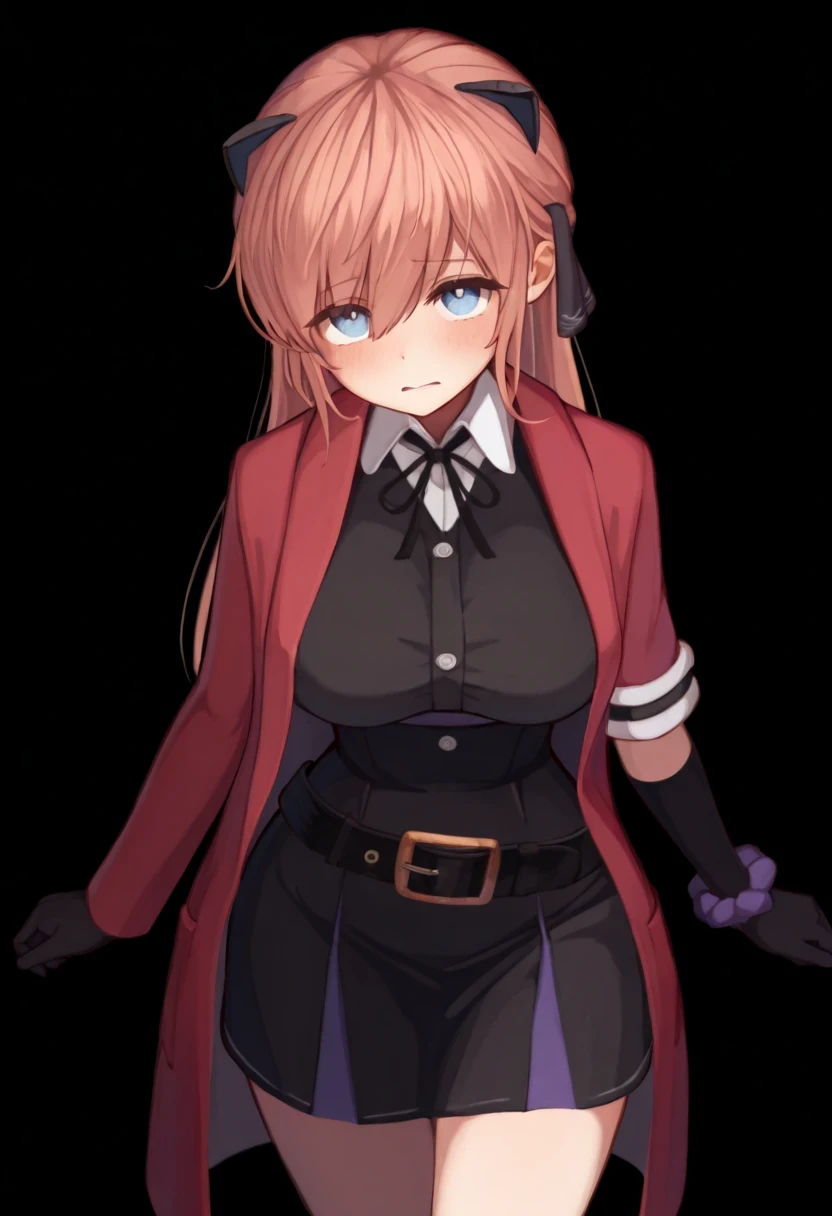 best quality,hyper-detailed,1girl,solo,front view,eyes look at viewer,Vivi, beautiful face,shy face,Rolling eyes,medium breast,blue eyes,Uniformed,red Coat,black glove,Body upright,standing,Transparent black background,Blank background,