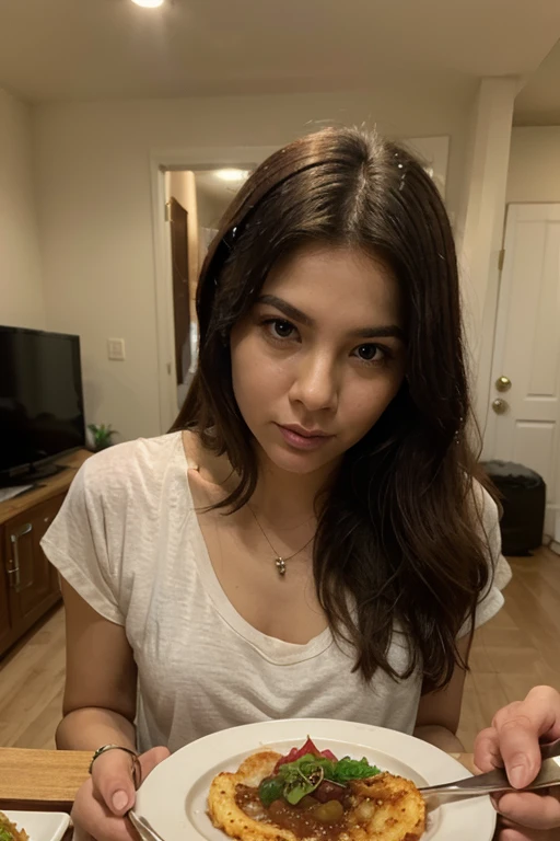 (La mejor calidad 8K), Antecedentes detallados, Nobleza oriental,Chica coreana pelirroja de pelo medio largo, en pijama de perro, selfie, en su casa
