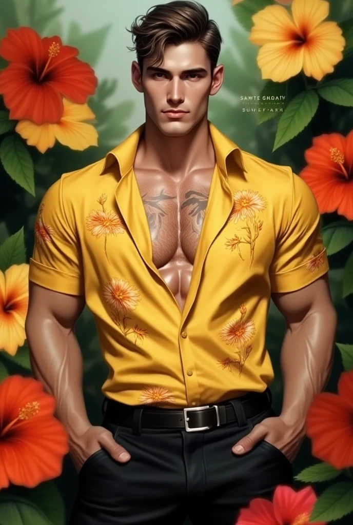 (absurdres, highres, ultra detailed, Ultra HD), ((tall handsome muscular man with a strong physique, solo, male model modern clothing, Full length portrait: 1.5, wearing a flowers patterned zip-up jumpsuit that is unzipped revealing his chest and abs, bulge: 1.2, verious flowers around him, jewellery, the man is standing comfortably in the flowers,)), beautiful, gorgeous, wet, mature, perfect eyes, sexy gaze, (looking at the viewers romantically), perfect body, smooth skin, a hot glow in his skin, extra large chest, largest breasts, extremely large pectorals, big nipples, breathtaking grandeur, model pose, colorful, artistic, focus on his calm facial features, elegant look, sexy posture, full body view,