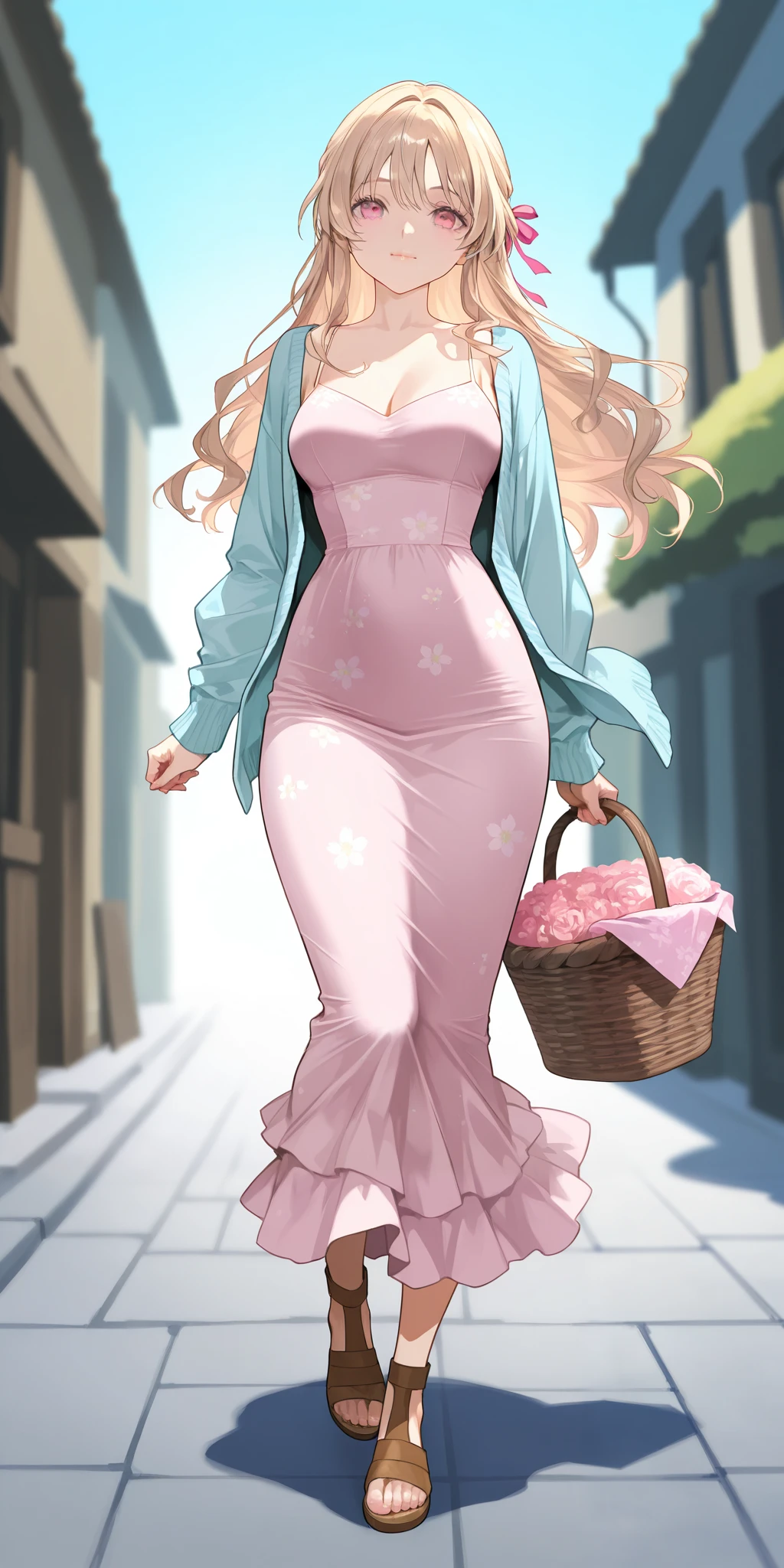Jumi Noona from New Town. An extremely beautiful woman with blond hair, extremely fair white natural skin, big pink eyes, red plump glossy round lips, medium breasts, a small waist, and a perfect slim yet curvy body. She's only wearing a pink floral dress with spaghetti straps, a light-brown front-open sweater with long sleeves over the dress, hair ribbon, and brown sandals. Mouth closed, carrying a basket, and standing straight on the street. Show her full body.