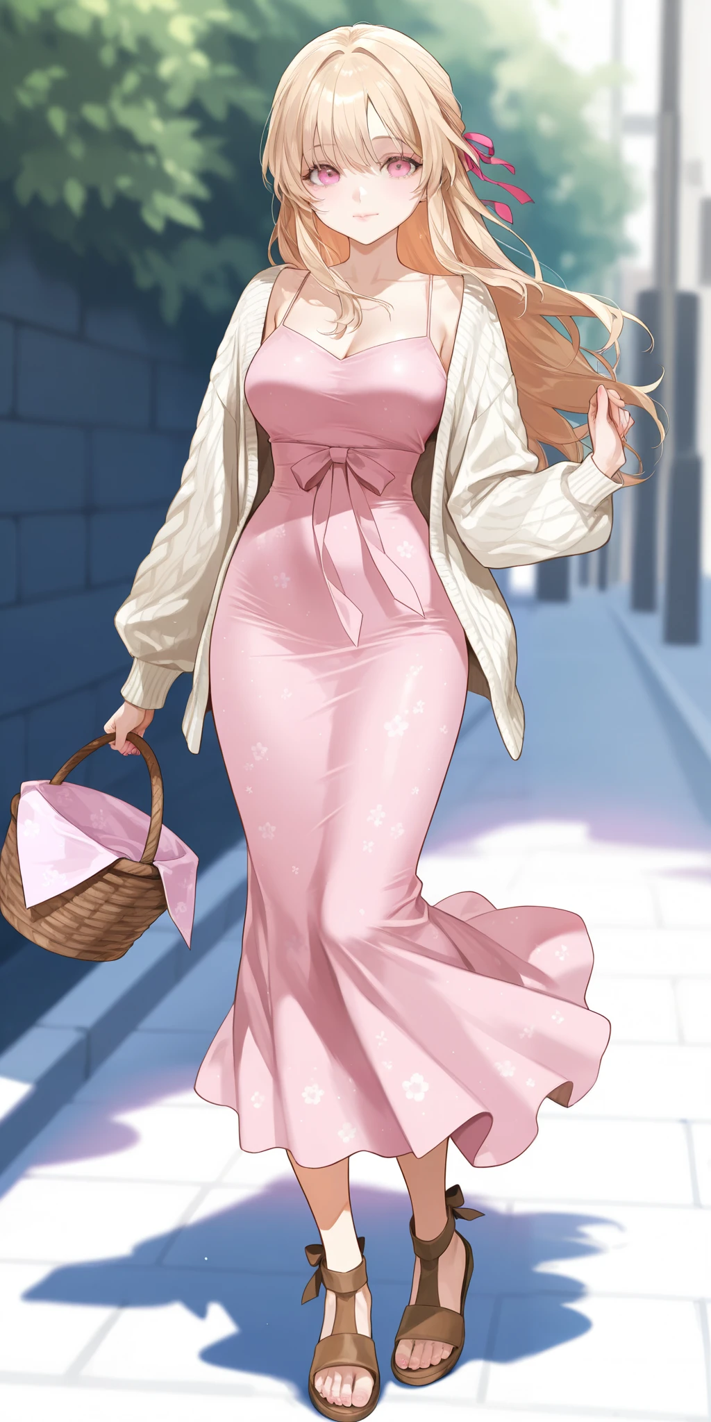 Jumi Noona from New Town. An extremely beautiful woman with blond hair, extremely fair white natural skin, big pink eyes, red plump glossy round lips, medium breasts, a small waist, and a perfect slim yet curvy body. She's only wearing a pink floral dress with spaghetti straps, a light-brown front-open sweater with long sleeves over the dress, hair ribbon, and brown sandals. Mouth closed, carrying a basket, and standing straight on the street. Show her full body.