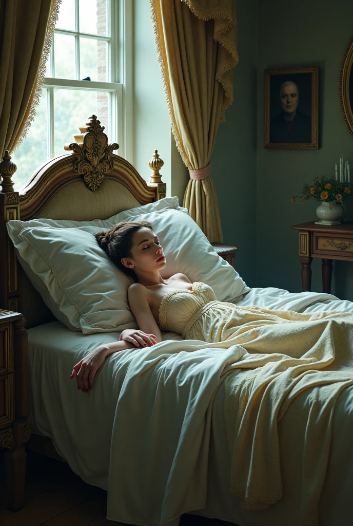 A Victorian patient expressing relief:
Show a Victorian woman in elegant attire, lying comfortably on a bed after a treatment. Your expression should show relief and satisfaction. Next to the bed, place a small table with a mechanical vibrator and a glass of water. Sunlight gently streams in through the window, illuminating the scene.
in the form of a médieval design