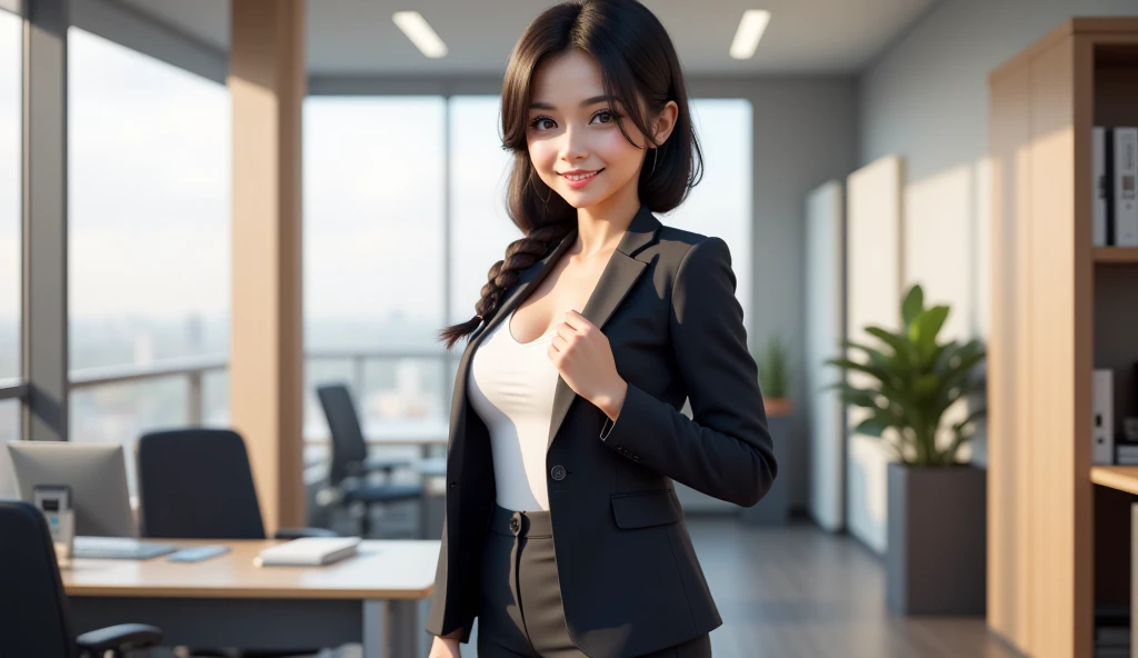 Create an image of an 18-year-old Asian businesswoman sitting at work with a MacBook, smiling with a cute face. The image must be full-body, wearing a slightly revealing vest, wearing high heels, exuding youthfulness and success.