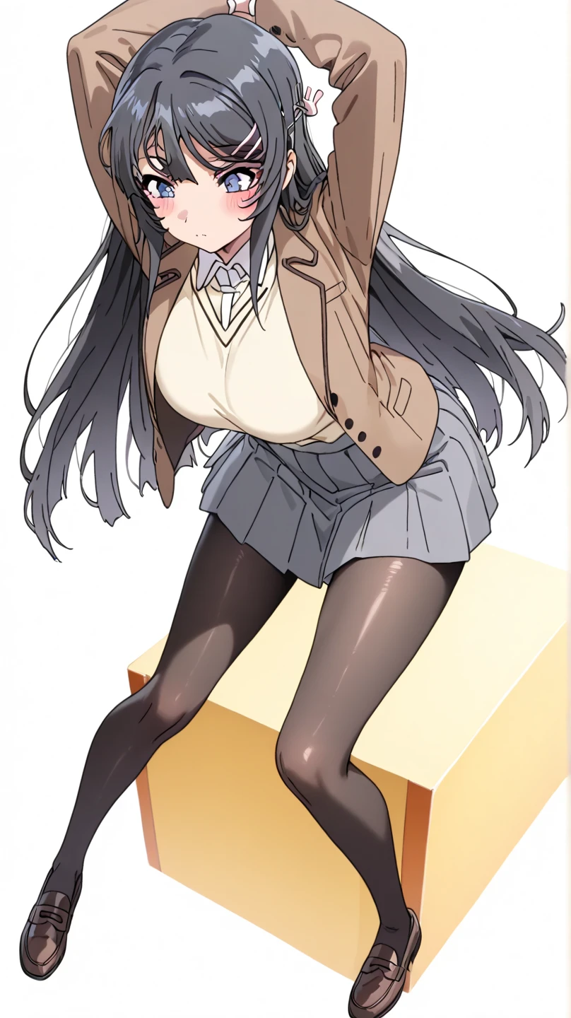 Highest quality, masterpiece, High resolution, (Head to Toe full body), front, frontやや下からの構図, Symmetric, Tall 18 year old girl, alone, (Head to Toe), (Small breasts), disheveled brown hair, bangs, (black tights), (Black Pantyhose), (Sit with your legs apart), (Crouching pose), (Composition showing white panties), (She has her legs spread and her white panties are visible.), (Sit on the floor with your legs spread), (M-shaped foot), Thin legs, とても美しくTall 18 year old girl, (No shoes), blush, Shy big eyes, Looking into the camera, Blazer uniform, Checkered Pleated Skirt、Furukawa Yui