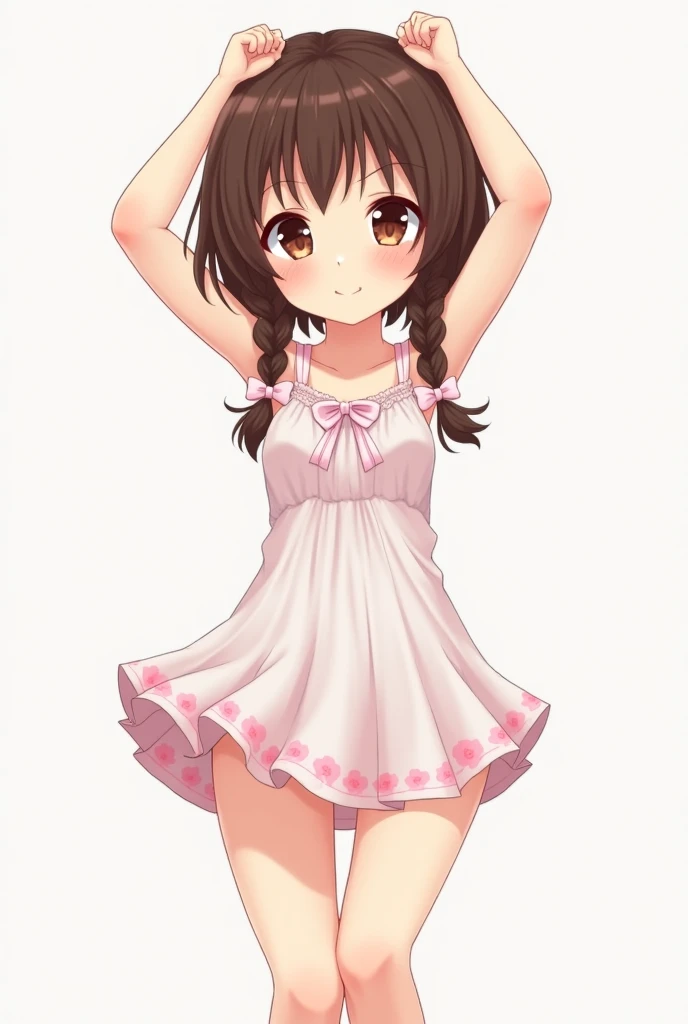 1girl, , cute daughter, happy, short hair, twintail hair, cute pink mini dress, white panties side tie, white background