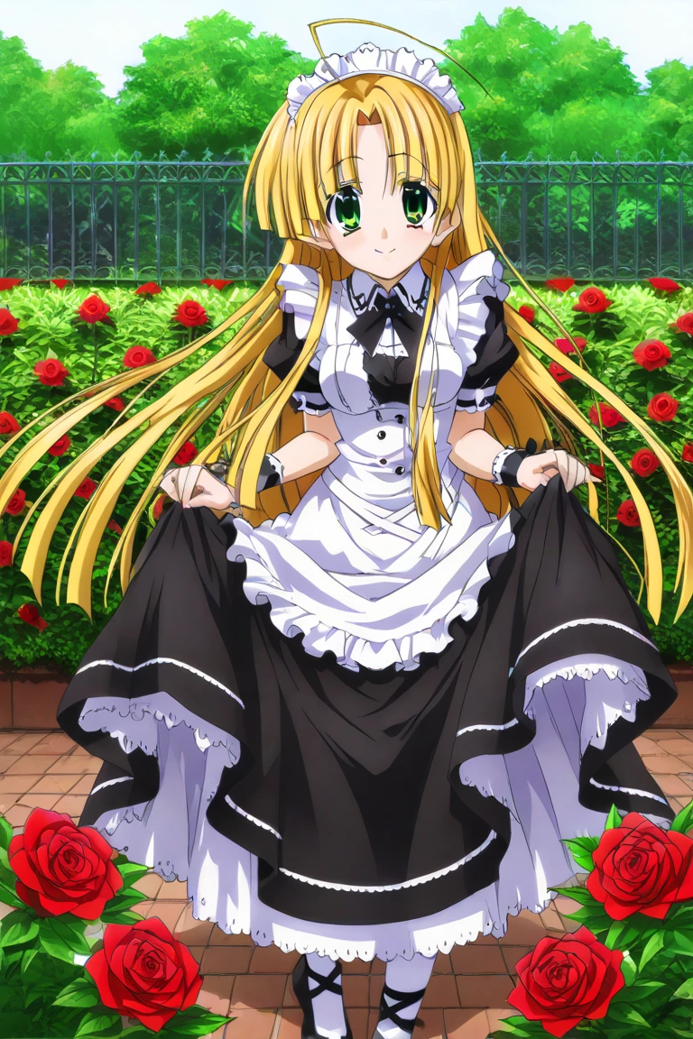 masterpiece, best quality, highres, aayami, very long hair, two side up, hair ornament, maid, maid headdress, smile, garden, skirt hold, standing
