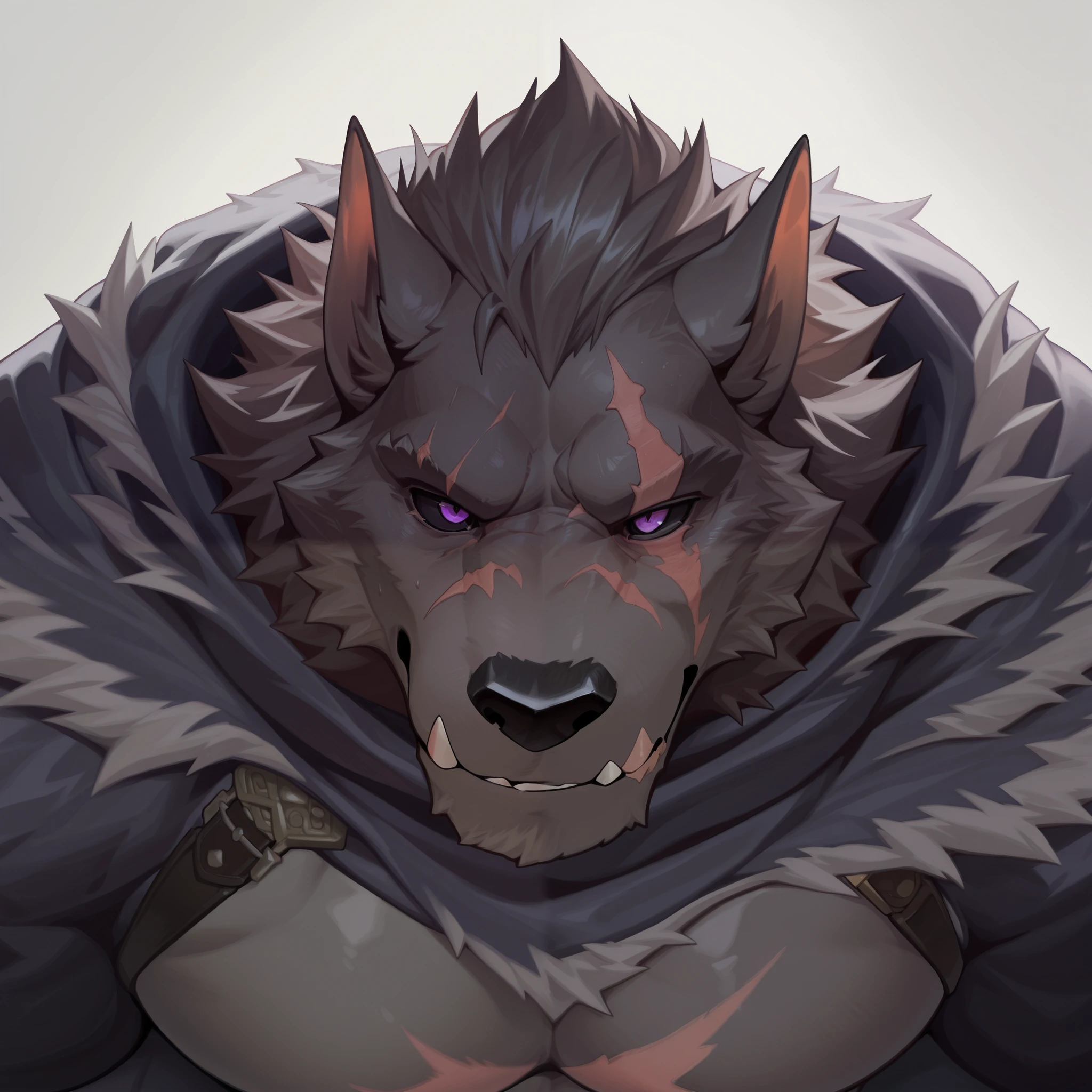 masterpiece, best quality, amazing quality, solo, 1boy, Blaidd, scar, bara, purple eyes, black sclera, close up, null-ghost style,