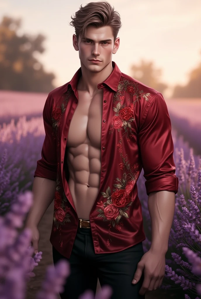 An alluring man with a massurrealism vibe is lying on a bed of roses, with his shirt off. He is the winner of a Pexels contest and has flowers on his body. The scene is beautifully captured in a centerfold full frontal shot adorned with rose petals.