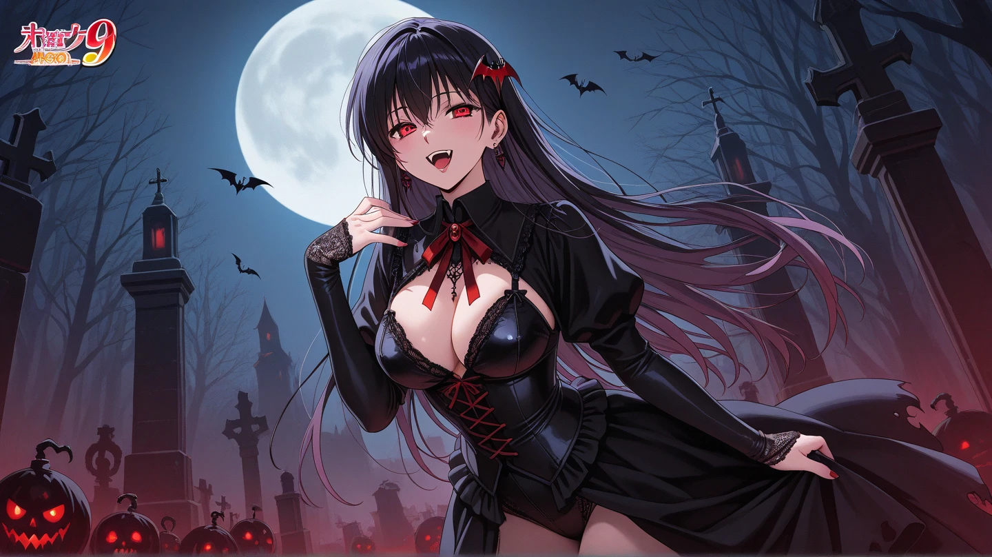 (((((Horror illustration))))), ((fantasy illustrations)), (((masuter piece))), ((dynamic ungle))、((eyes glowing red))、 ((Many monsters))), (Spirits)、(Monsters walking side by side at night)), (((Detailed background))),kuchiki、 (((Best Quality))), (((Best Illustration)))、 (((Best Shadow))), (((extremely delicate and beautiful)))、 (Back Light)、((Extremely delicate and beautiful)), (((a dark night)))、 ((Wind)), (Moonlight), (((1 Vampire)))、 Vampire、Succubus、 with large wings like a bat,,,,,,、(Black nails)、(long claws)、(Slender face)、 Big breasts, (((Fangs grow))), ((bleeding from the eyes,,,,,)),red eyes、 (half updo / Upstyle)、 ((Black Long Hair)), (Shiny hair), (((Jewelry Pearl Red Eyes)))、 (finely detail)、 (((scornful eyes))),Big breasts、 (((Moonlight))), Abundant bloom, (((Four seasons fold々The beauty of)))、 (dead wood)、(Withered flowers})、Baked doors、seductiv