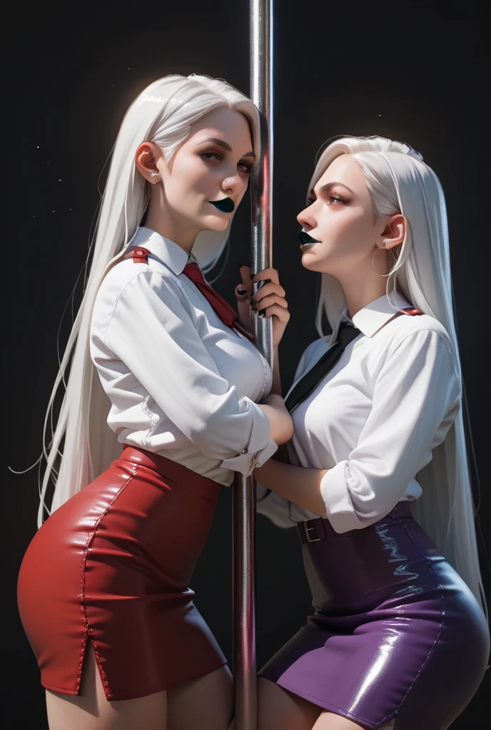 Beautiful Chiss lady, White hair, length hair,Breast size, black red uniform, rock, Lead the Belt, friendly look, good quality, light background, discreet rank insignia, V-neck, erotic, red ribbons in hair, 4K, red eye, 
