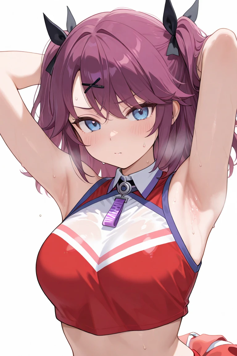 ((masutepiece, Best Quality, hight resolution, nffsw, Perfect Pixel, depth of fields, 4K, )), 1girl in, Solo, , Beautiful anime girl, Beautiful Art Style, close up, Looking up at Viewer, Perfect body, Yuigahama Yui, Short hair, single hair bun, pink hair, (large boob), Full face blush, Smile, thighs thighs thighs thighs, navy playboy bunny, cleavage, red bowtie, white background, hands behind head, armpits, shot from above, Focus,