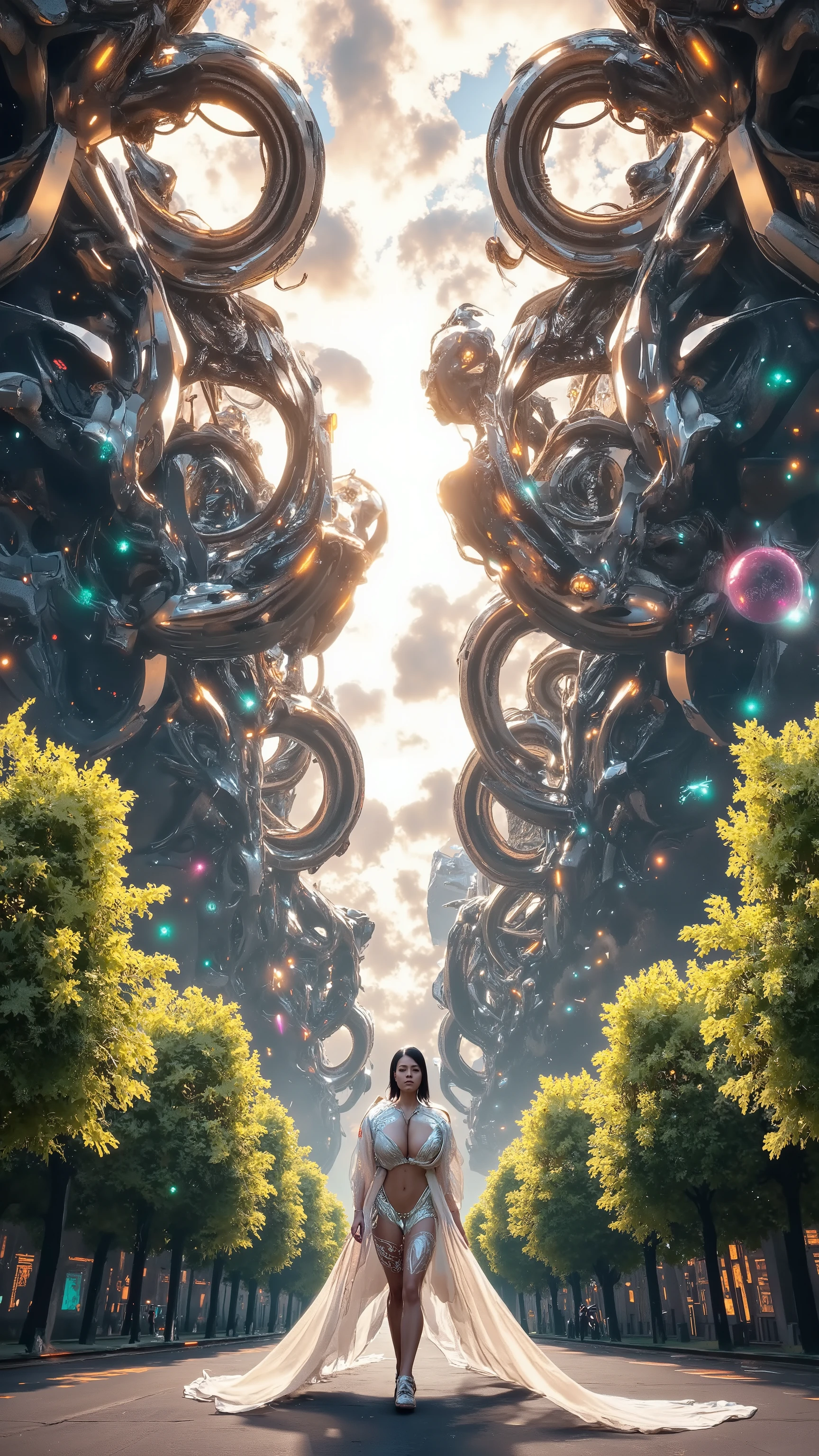 Futuristic architecture, arquitectura premiada, skyscraper architectureCity, Photographic style, rendering, Alameda de plane trees, Highly detailed dream building in the architectural styles of Oscar Niemeyer and Ernst Haeckel :: Arquiteturacore :: High contrast wide avenue in front full of trees, Realistic visuals of plane trees，attractive beautiful，dramatic contrast，Gentle lighting，Delicate warmth，the soft light，hyper HD， Extremely colorful，best qualityer，perfect female shape，HighDynamicRange，long eyelasher，Unbeatable masterpiece，Snow-whiteskin，putting makeup on，，starrysky，arbitrator，glorious，Heteropupil，Reward the sexy goddess，Large metal mechanical gears，Strange sky，8K high quality，A pair of big eyes are beautiful and moving，White skin，Makeup，Sexy outfit， 【Background with】Large gold gear，Doomsday ruins，Giant tornado，The setting sun burns the clouds，Multiple planets，The end of the world，Multiple planets，Mards，Jupiter，Lightning Thunder， Mercury，Strange sky，Giant tornado，Blue light，salama，Large flying machines，Large flying saucers，ufos，Cool car，Time Tunnel，nuclear power plant，Futuristic car，Cool headlights，Mechanical pets，space shuttle，The rocket took off and ignited，World War，The scene is magnificent，Air carriers。