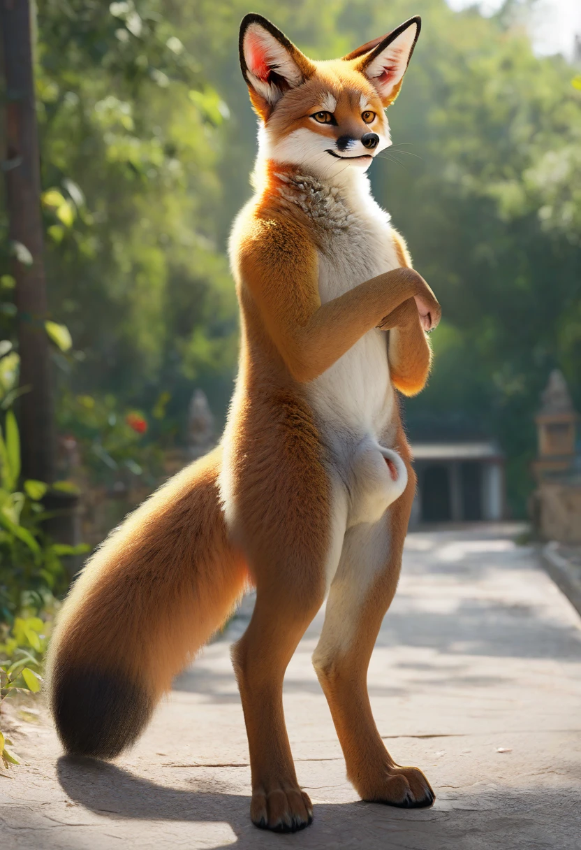 nick wilde,realistic fur,bright blue eyes,masterpiece HIFI,paws pose,thick thighs,thick paws,thin waist,Thick Paws,tribal clothing,stockings,view crotch,Showing the penis ,tribal marks,outdoor,with indigenous objects on the body,