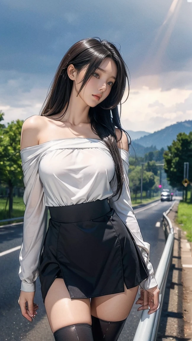 ((Realistic lighting, Best quality, 8K, Masterpiece: 1.3)), Focus: 1.2, 1girl, Perfect Body Beauty: 1.4, Slim Abs: 1.1, ((Dark brown hair)), (White dress: 1.4), (Outdoor, Night: 1.1), City Street, Super Fine Face, Fine Eyes, Double Eyelids, (Over the knee Black Stockings: 1.5), (Wet in the Rain, Wet: 1.2)