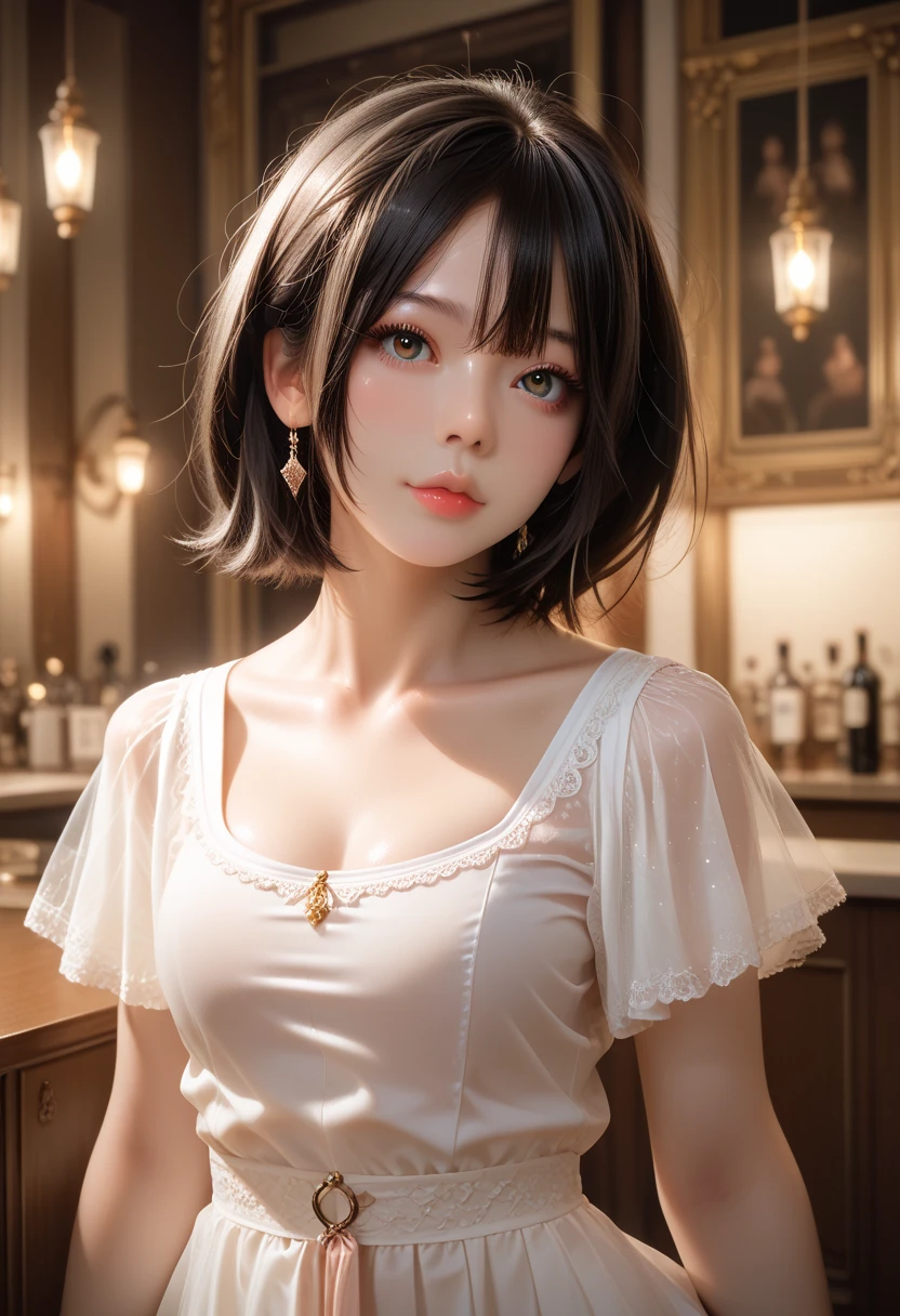 Highest quality, masterpiece, Ultra-high resolution, (Realistic:1.5), RAW Photos, One girl, A skinny girl with small breasts、In the Dark, Deep Shadow, Modest, Cold Light, Sexy look, short hair, (All Nude)、Wet pink nippleilk coming out of the nipple

