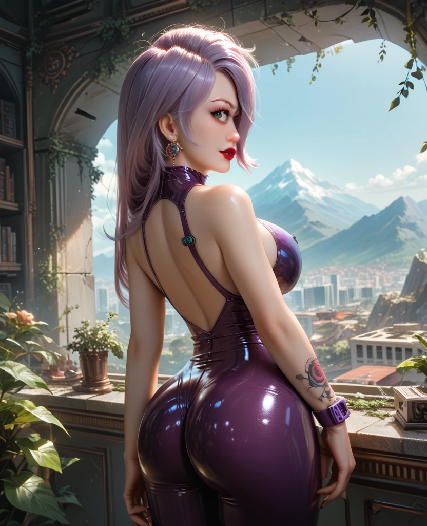 AS-Adult, SFW, 1girl, medium-angle full length picture of a gorgeous ((((Big Hair, Twintails, Split-color Hair, Aqua Hair, Light Purple Hair)))) [1Girl, Mature female, Adult:Yvonne Strahovski:0.65],  with (curvy, round ass) , Croptop, Boxers, ((nipples covered, pokies, <lora:pokies_9:0.4>)), ((round eyes)) (((gray eyes))), makeup, cat eyelashes, tall body, tattoo on her neck, (((From Behind, Looking At Viewer, Disgust, Sneer,  Ojou-sama Pose, leaning Back, Floating City))), bright cinematic rim lighting, studio lighting, volumetric lighting, ((portrait photography by Jonathan Chritchley using a Nikon L35AF Camera)), sharp focus, dynamic angle, finely detailed skin, eyelines, Instagram most viewed, official wallpaper, ((ultra-photorealistic)), bright vivid colors, ((supermodel)) <lora:more_details:1><lora:LowRA:0.7>