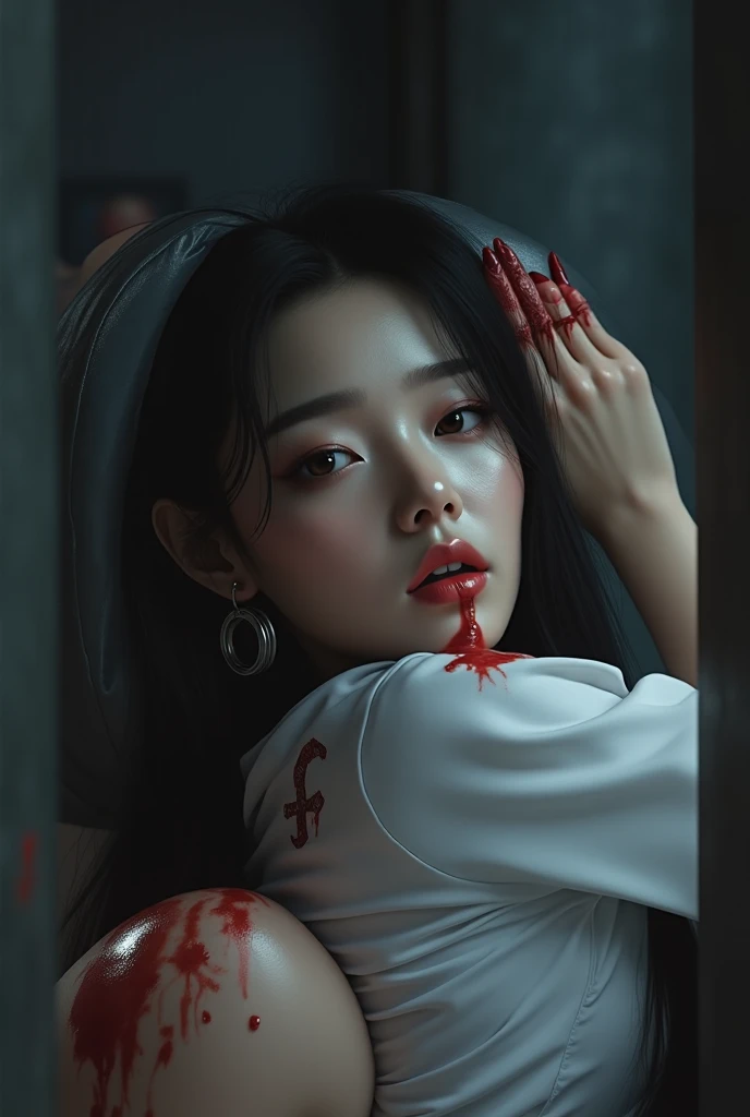 Highest quality, masterpiece, look up, cute,(Horror),(((少女の美しいzombie))),(zombie),(This girl is dead),(Being attacked),Trying to bite,(((Bleeding,Injured))),(((Shedding tears of blood))),((口からBleeding)),((Covered in blood)),(A body covered in wounds),((zombieに身体中を噛みつかれた)),((Sexy)),(sexy),((Small breasts)),(Baby Face),(Middle school students),(((Masturbation))),((semen)),Beautiful Style,(((Lower body exposed))),((Pale skin)),(Sensual look),Sexy表情,Expressions of delight,Crazy Smile,((Ahegao)),(Dark atmosphere),(Dark atmosphere,fear),((Dim lighting))