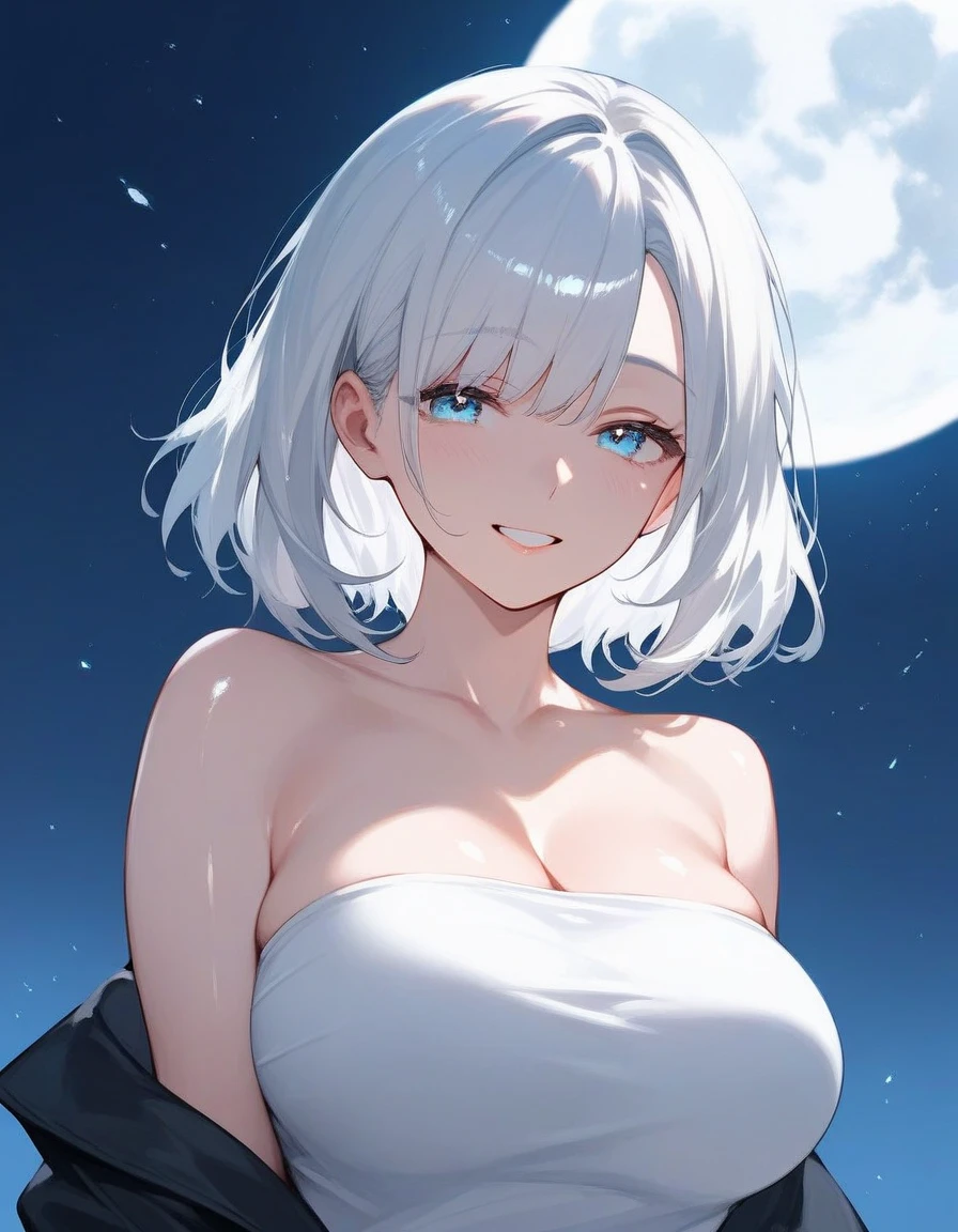 (masterpiece, official art), 1girl, solo, white hair, blue eyes, (youmu konpaku:1.2), (completely nude), (closeup), portrait, (medium breasts), standing, view from front, countryside, at night, dark, moonlight, looking at viewer, (upper body), smile, seductive, alluring attire,