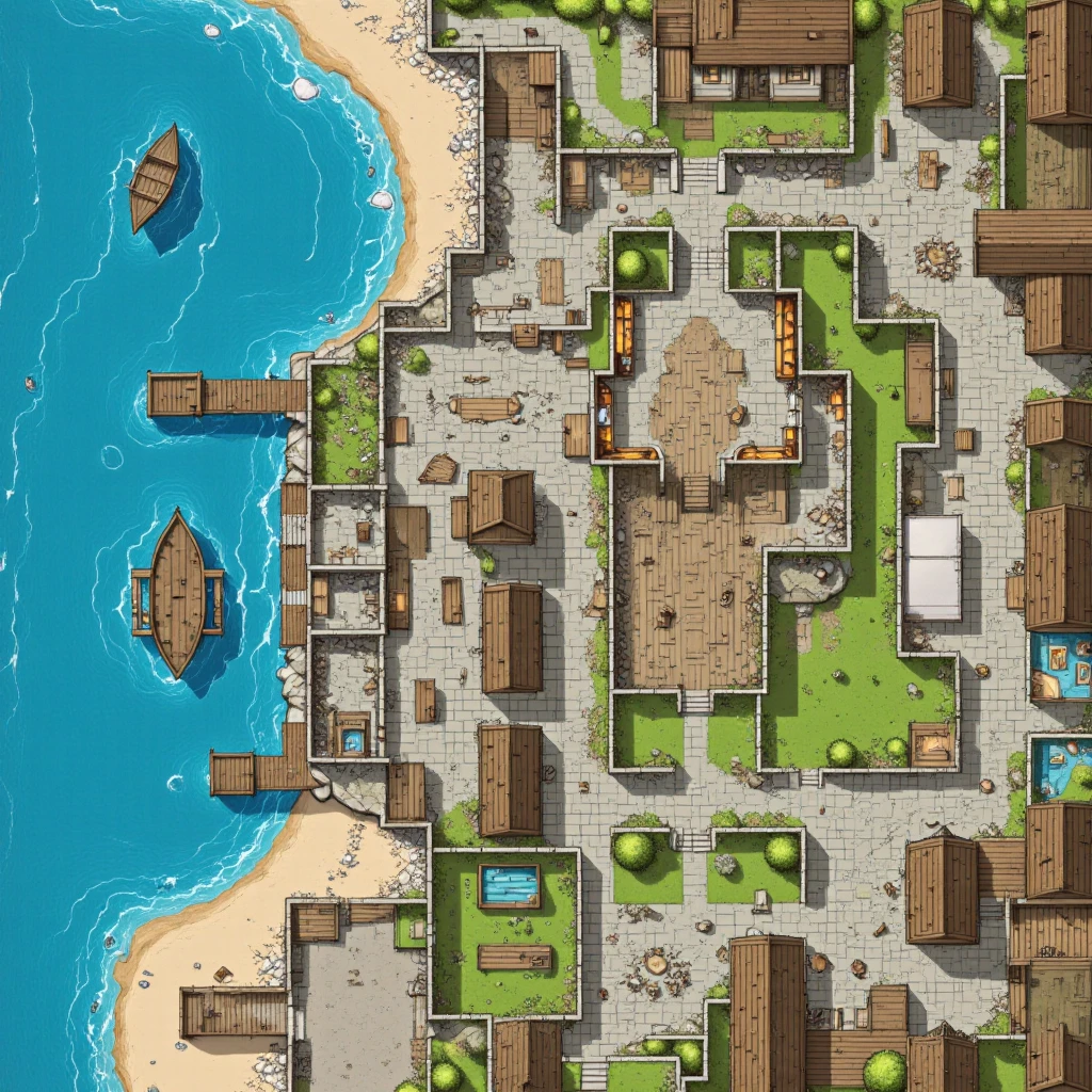 "Create a 16-bit pixel-art coastal city map, styled like a Pokémon GBA game, with blue water, sandy beaches, and wooden docks along the western and southern edges. Place five labeled sections: Slums: north. Entertainment District: west, near the coast. Guardian Academy: center. Government Buildings: east. Nobility/High End: south, on a cliff."